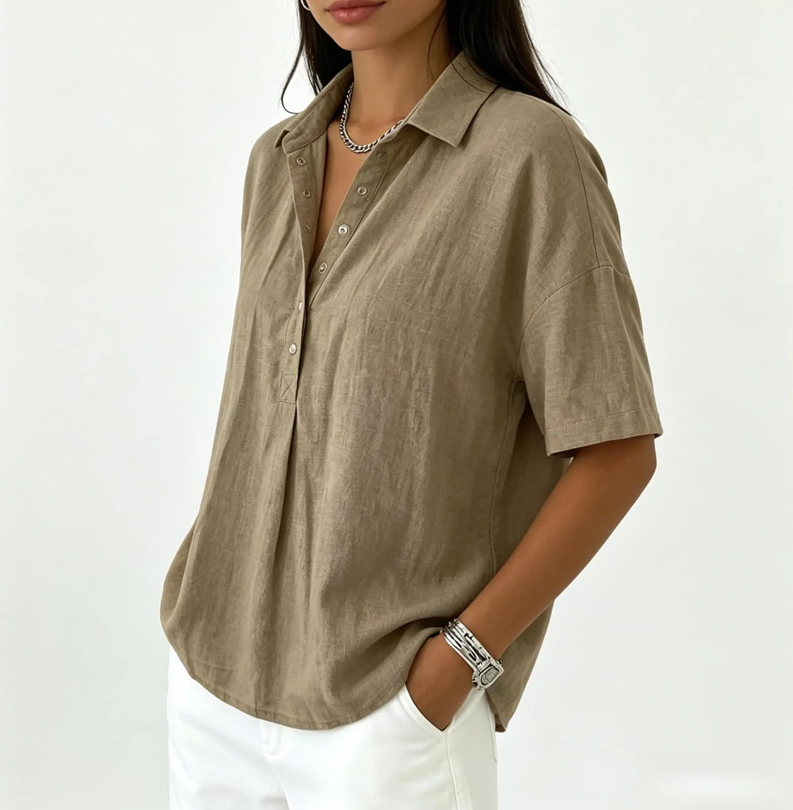 Polos de Lino para Mujer, Blusas de Manga Corta con Botones, Moda Verano 2026