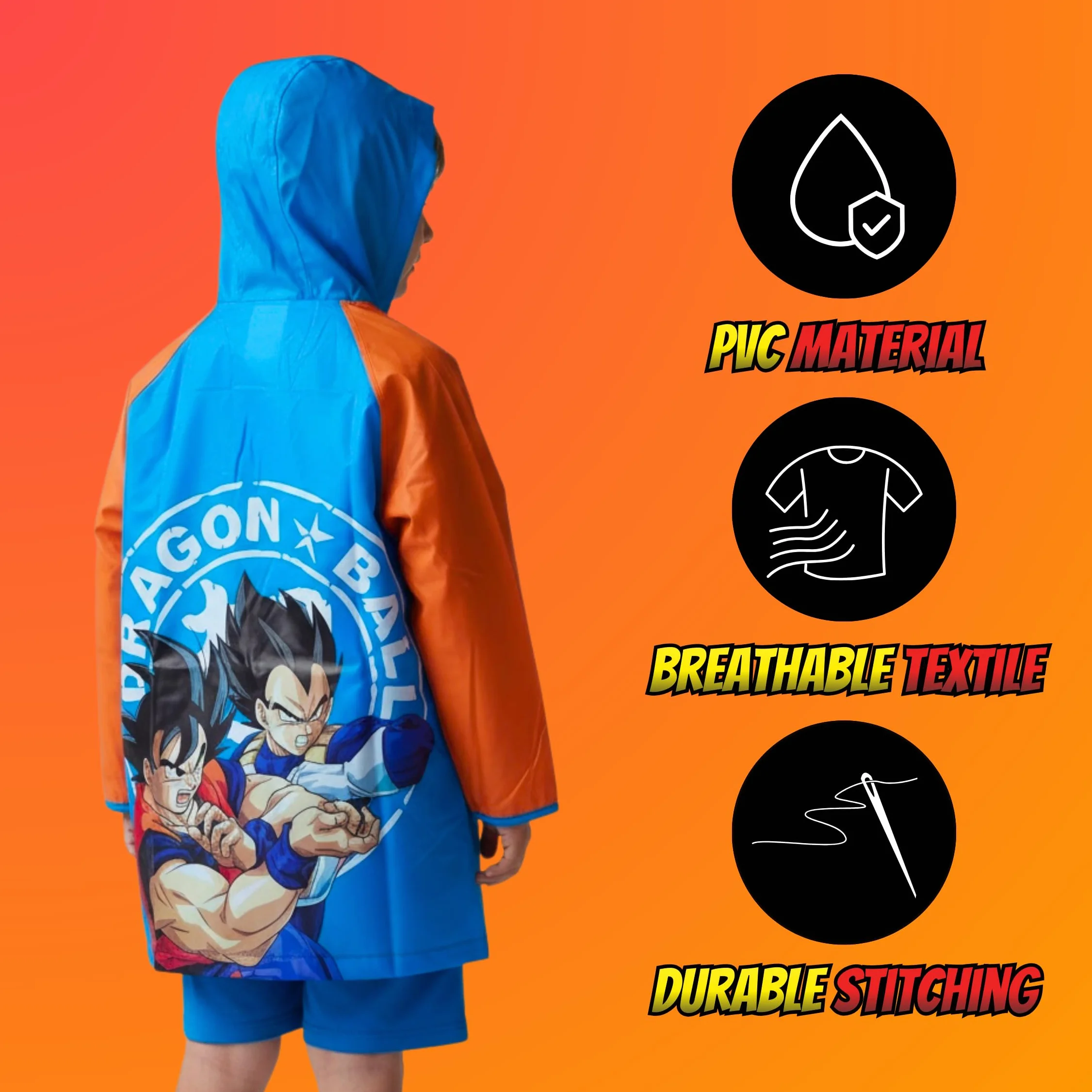 Dragon Ball Z Chubasquero Impermeable para Niños, Chaqueta Lluvia con Capucha, Tallas 4-8 Años