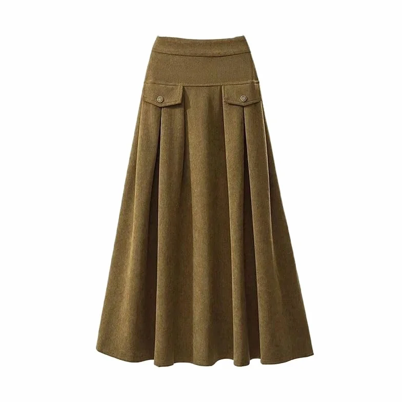 Falda Larga De Pana De Invierno para Mujer, Elástica, De Cintura Alta, Gruesa, Cálida, Informal, Elegante, De Corte A, Plisada, Midi con Bolsillos