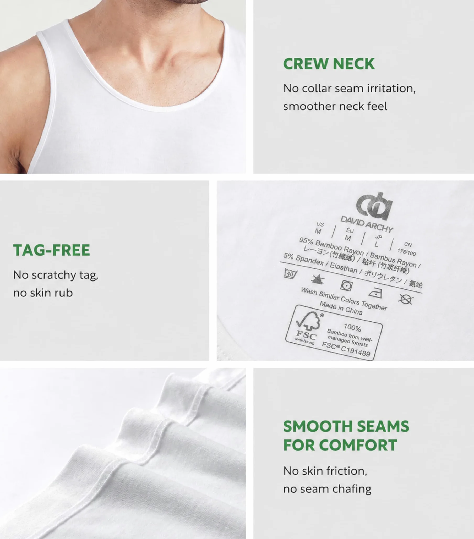DAVID ARCHY Camiseta interior sin mangas para hombre, de rayón de bambú, absorbe la humedad, paquete de 3 o 5, Paquete de 5 bambú liso - blanco, X-Large