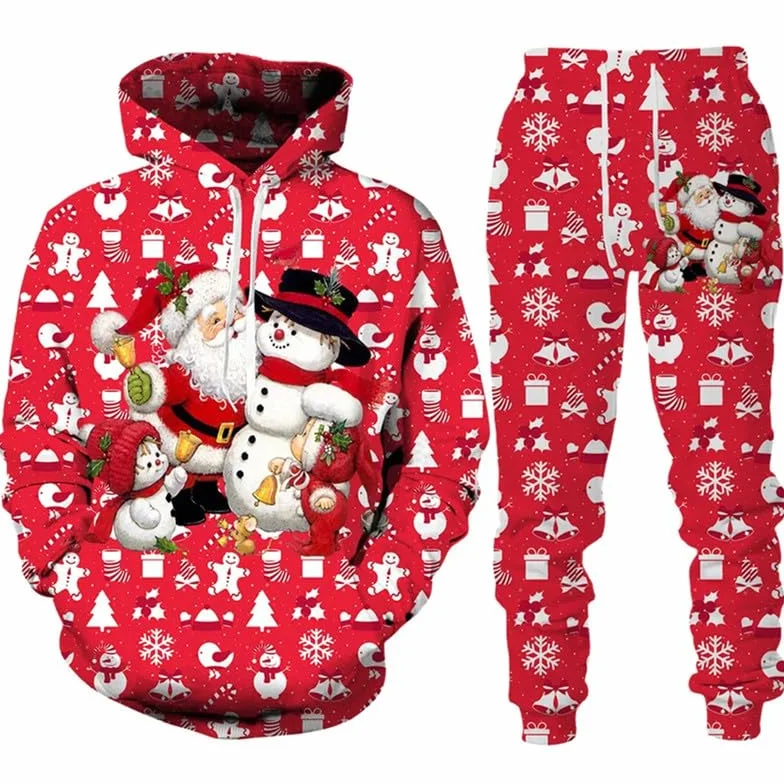 Conjunto de chándal Papá Noel Sudadera Capucha Pantalones 2 Piezas Ropa Pareja Oversize Navidad