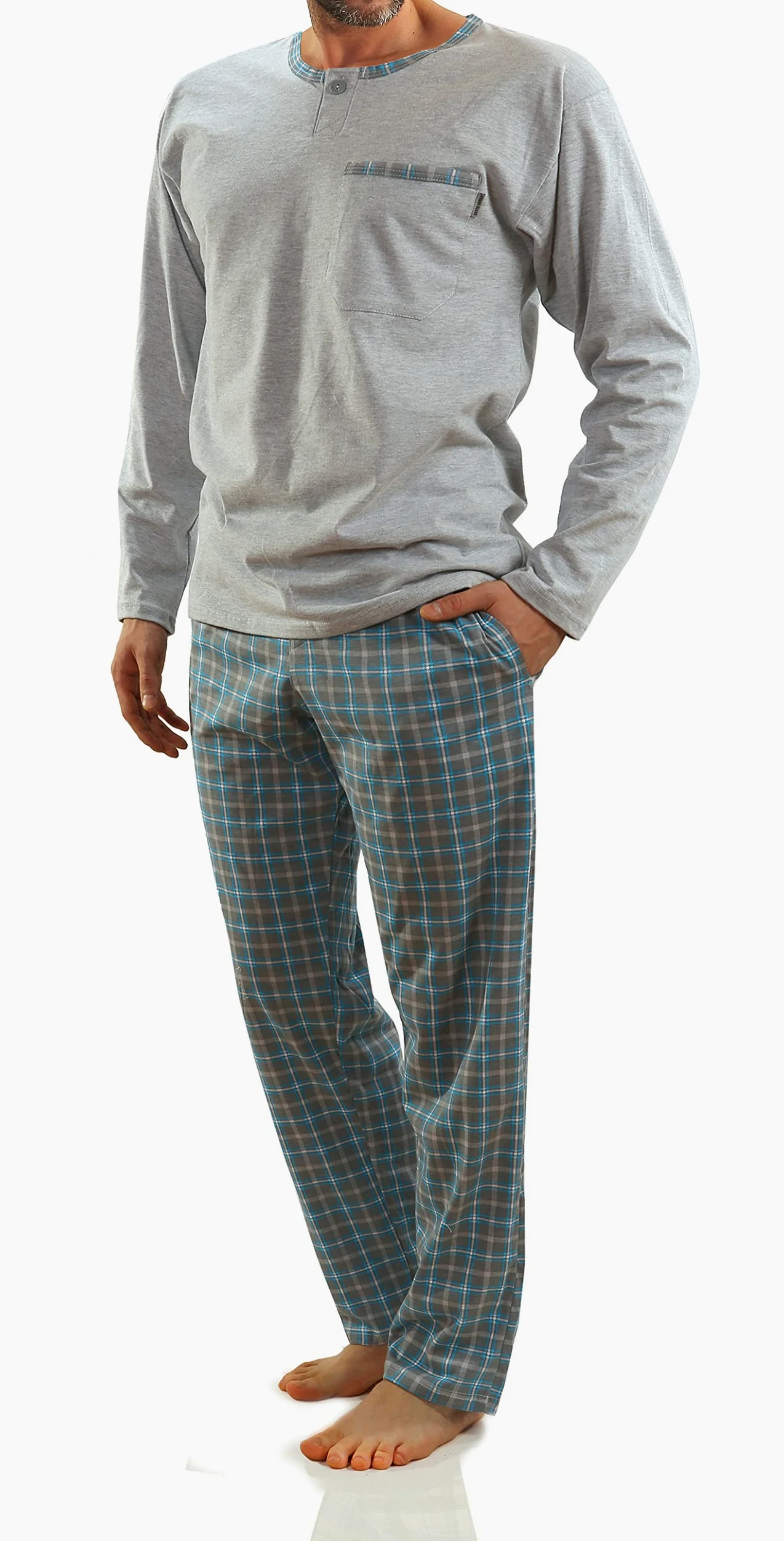 Sesto Senso Pijama Hombre Largo Algodon Inverno Clásico 2 Piezas Ropa De Dormir Conjunto Camisa Manga Larga Pantalones Largos