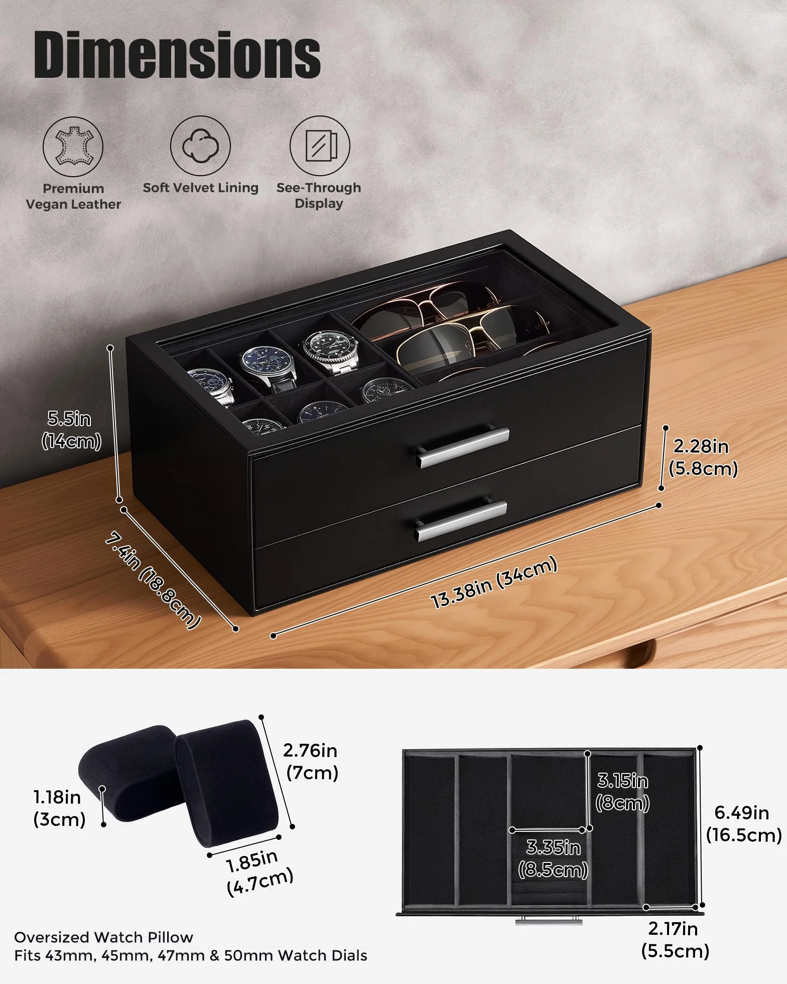ProCase Caja para Relojes, Estuche para Relojes, Organizador de Joyas para Hombre, Almacenamiento de Joyas con Tapa de Cristal Transparente, 2 Niveles, Almacenamiento para Relojes, Gafas -Negro