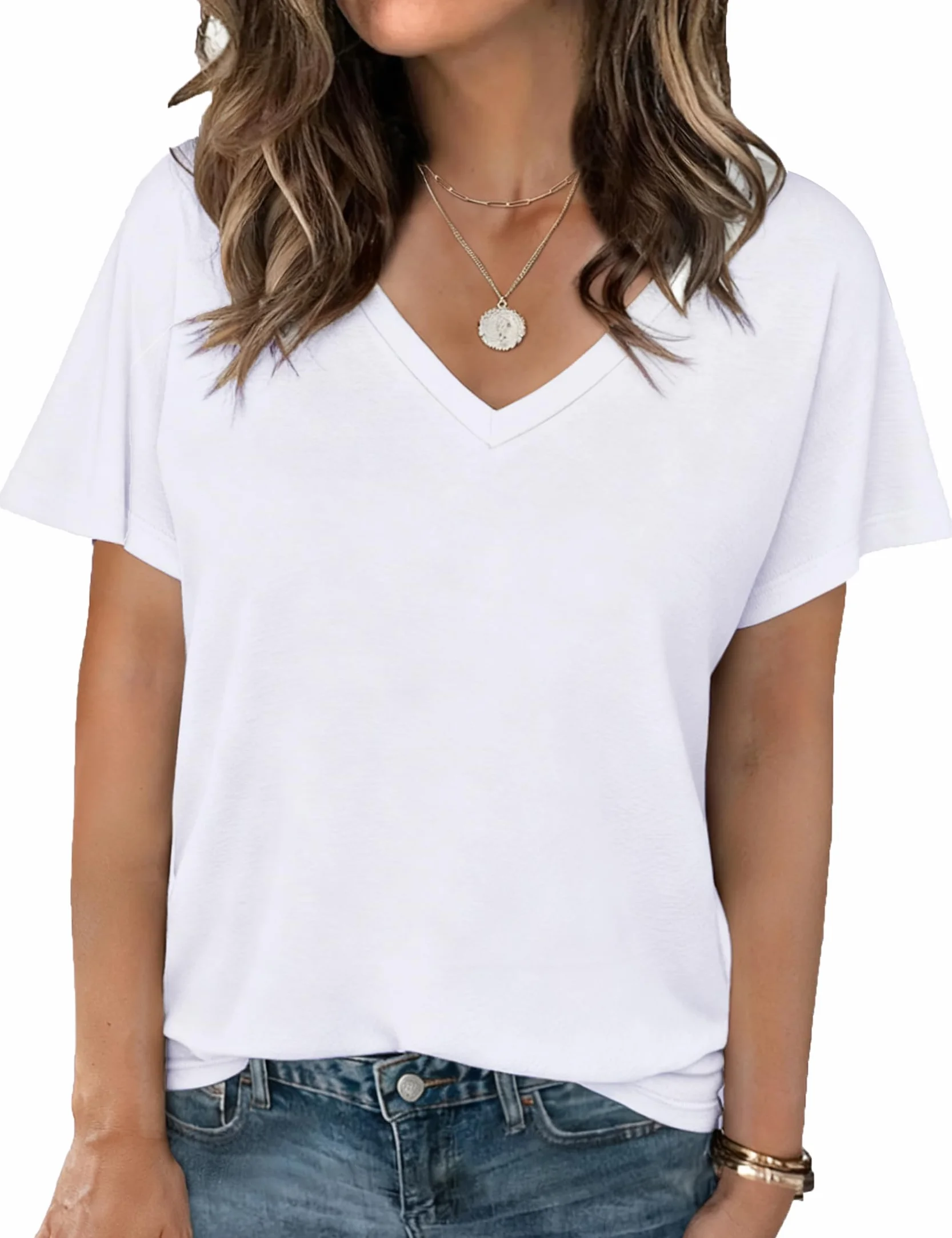 Camiseta Básica Mujer Verano Manga Corta Cuello en V Blusas Elástico Ligero Color Sólido Camisetas Casuales Top S-XXL