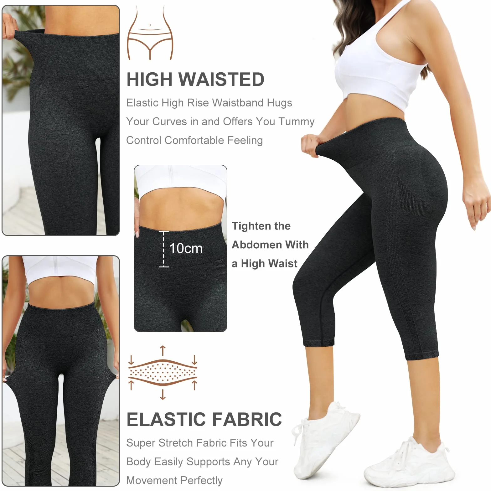 Leggins Mujer Push Up 3/4 Capris Mallas Pantalones Deportivos Anticeluliticos Yoga Leggings de Cintura Alta Elásticos Barriga Control Pantalones Deporte para Fitness Correr