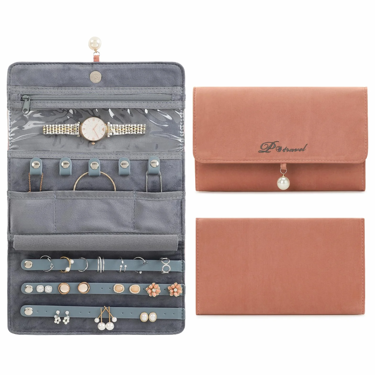 Bolsa de Rollo de Joyería, Plegable Enrollable Joyería Estuche, Organizador de Joyas para Collares, Pulseras, Pendientes, Anillos, Broches-Naranja