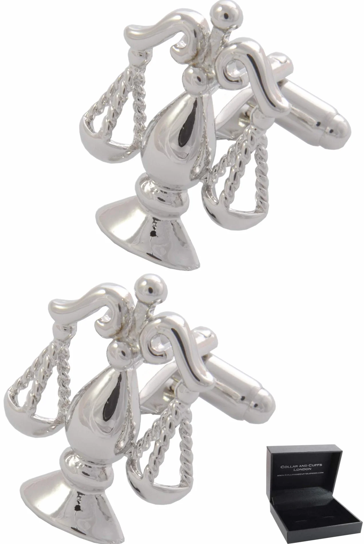 Gemelos Camisa Hombre Abogado - Con Caja - Gemelos para Camisas - Escalas de Justicia - Latón - Juez Libra - Color Plata - Un Par