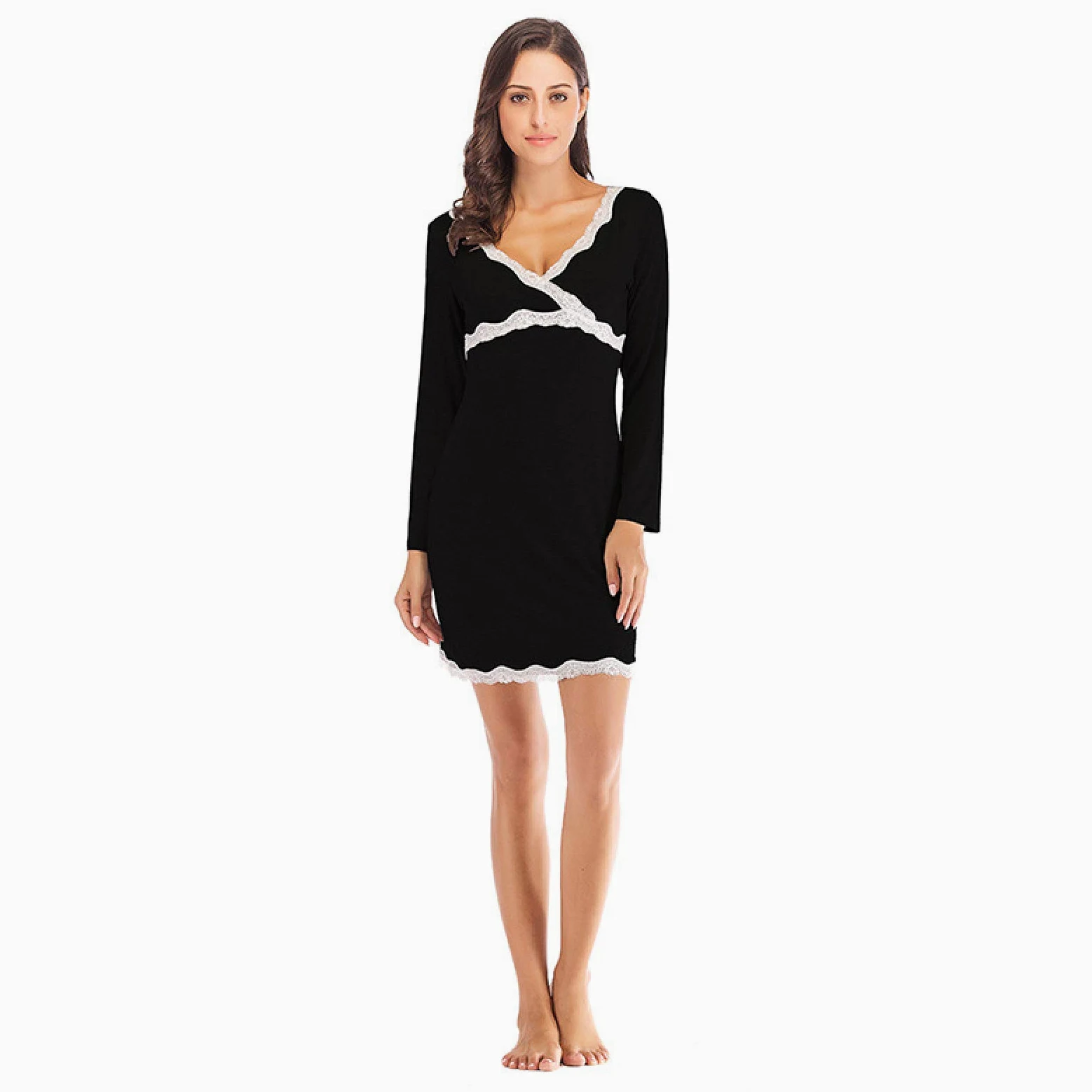 OFFSUM Camisón De Pijama De Mujer - Camisón De Encaje con Cuello En V Elegante Camisón De Moda Casual Primavera Verano Camisón De Color Sólido Vestido Lencería