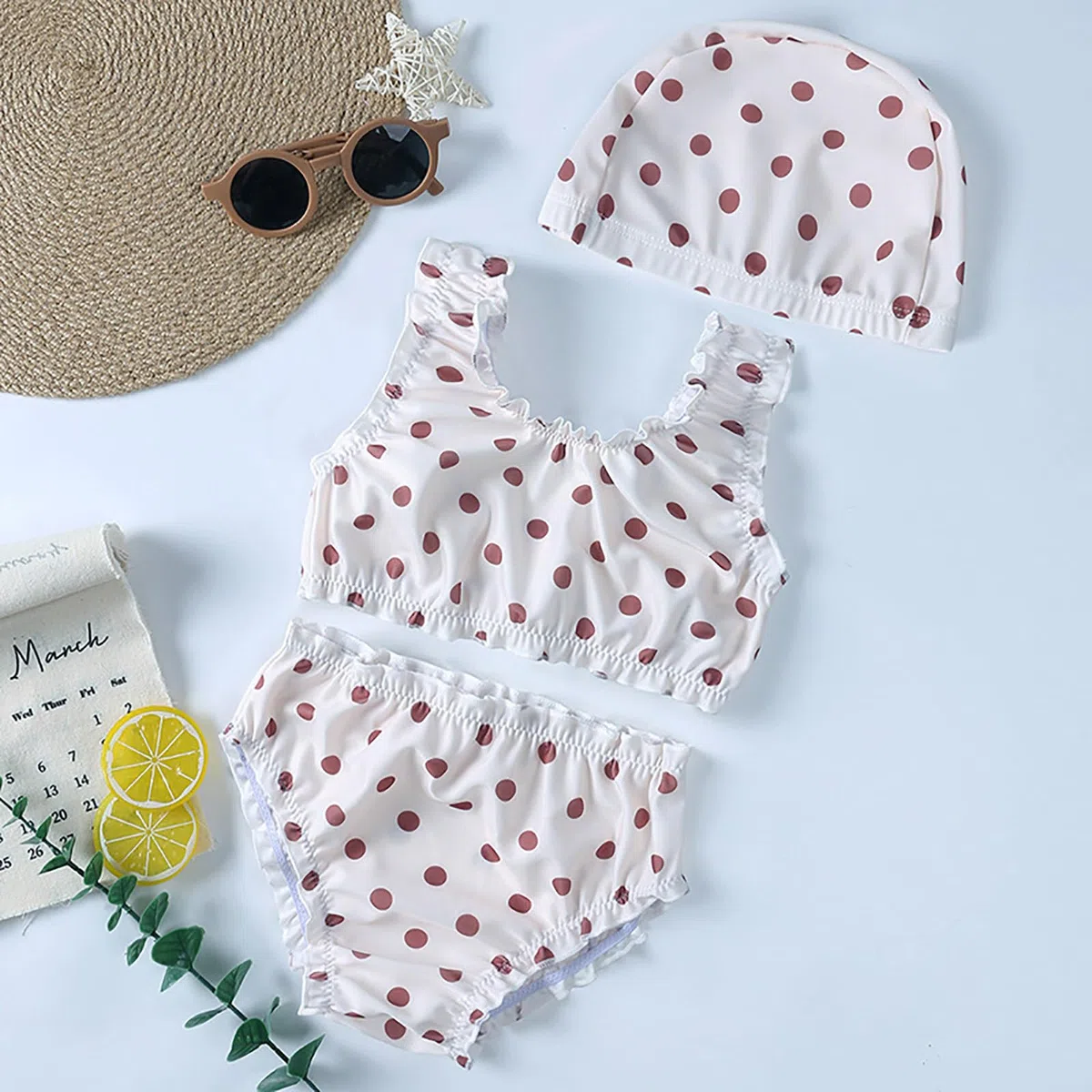 Generisch Vestido de playa de 3 piezas para niños, niñas, traje de baño con estampado de flores, rayas, lunares, traje de baño para niños pequeños, bañador con gorro de baño