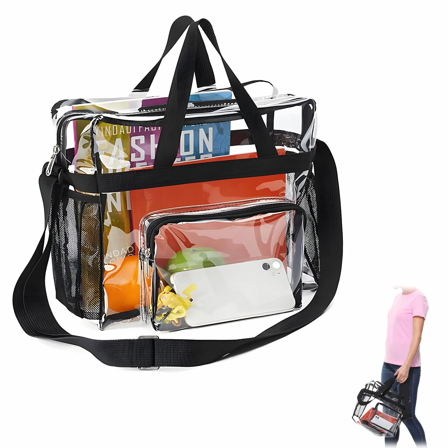 Bolso Transparente Mujer, PVC Bolso Bolsa Viaje Accesorios | Impermeable Bolsas Transparentes para Estadios con Bolsillos para El Trabajo, Juegos Deportivos y Conciertos