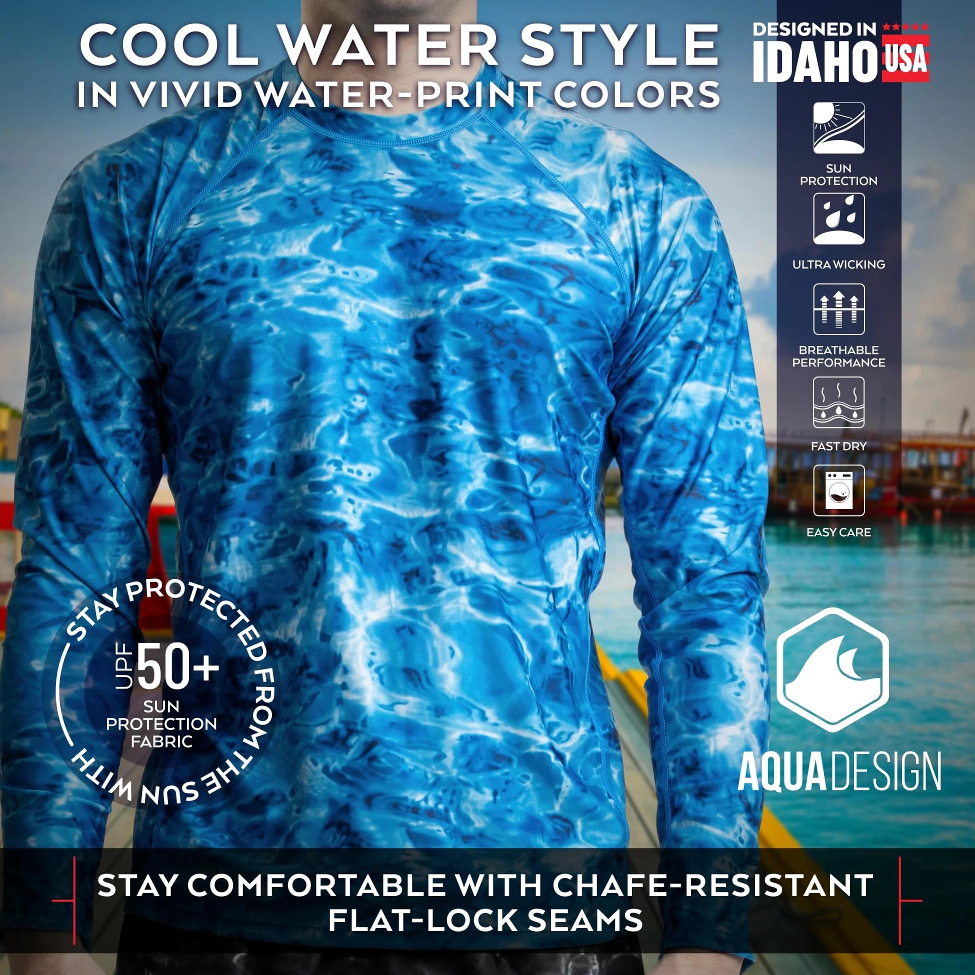 Aqua Design Rash Guard - Camiseta de natación para hombre (manga larga, protección solar 50+) - Azul - Large