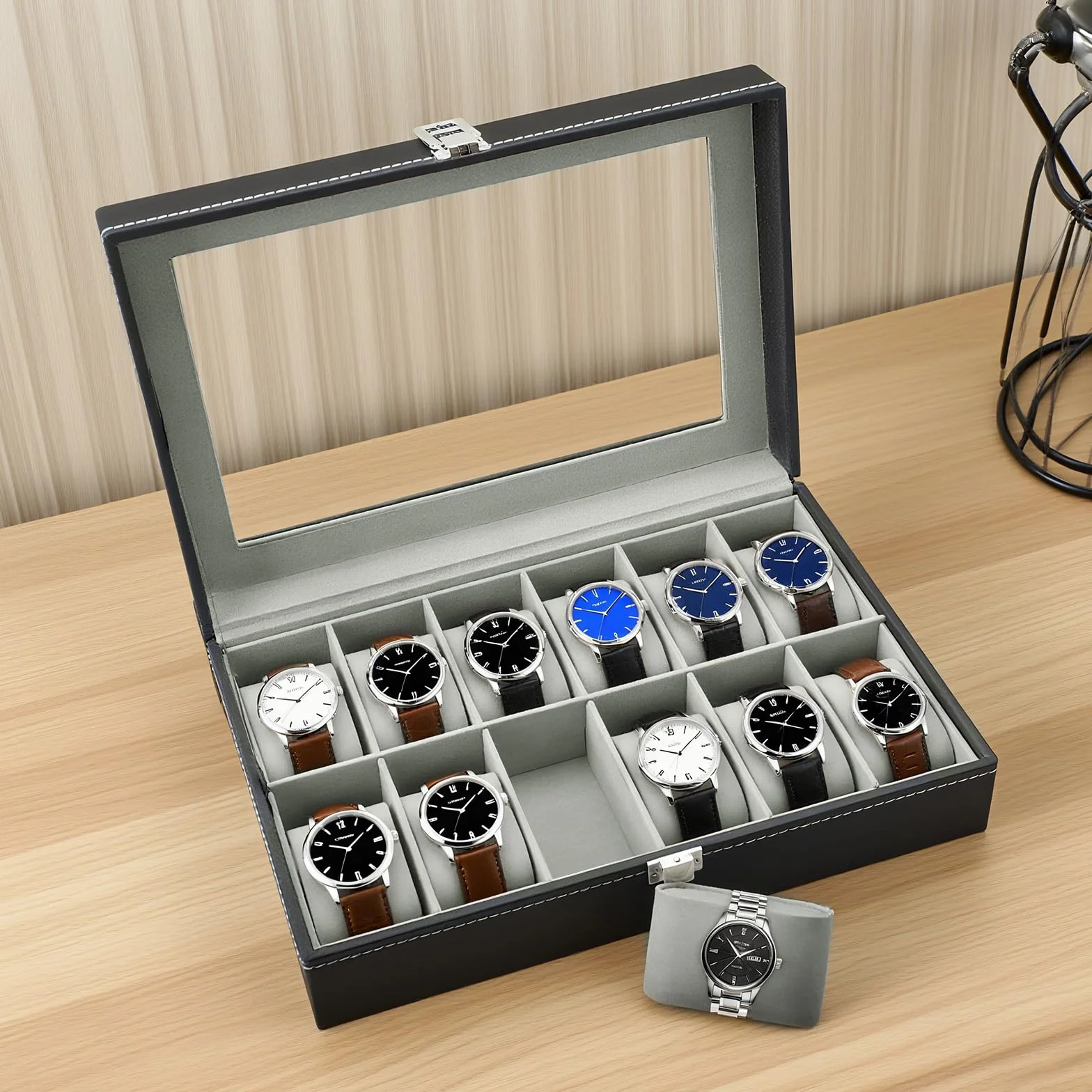 Caja de Relojes 12 Compartimentos Estuche de Relojes de PU con Cubierta de Cristal acrílico y almohadillas extraíbles unisex para regalo o almacenamiento personal