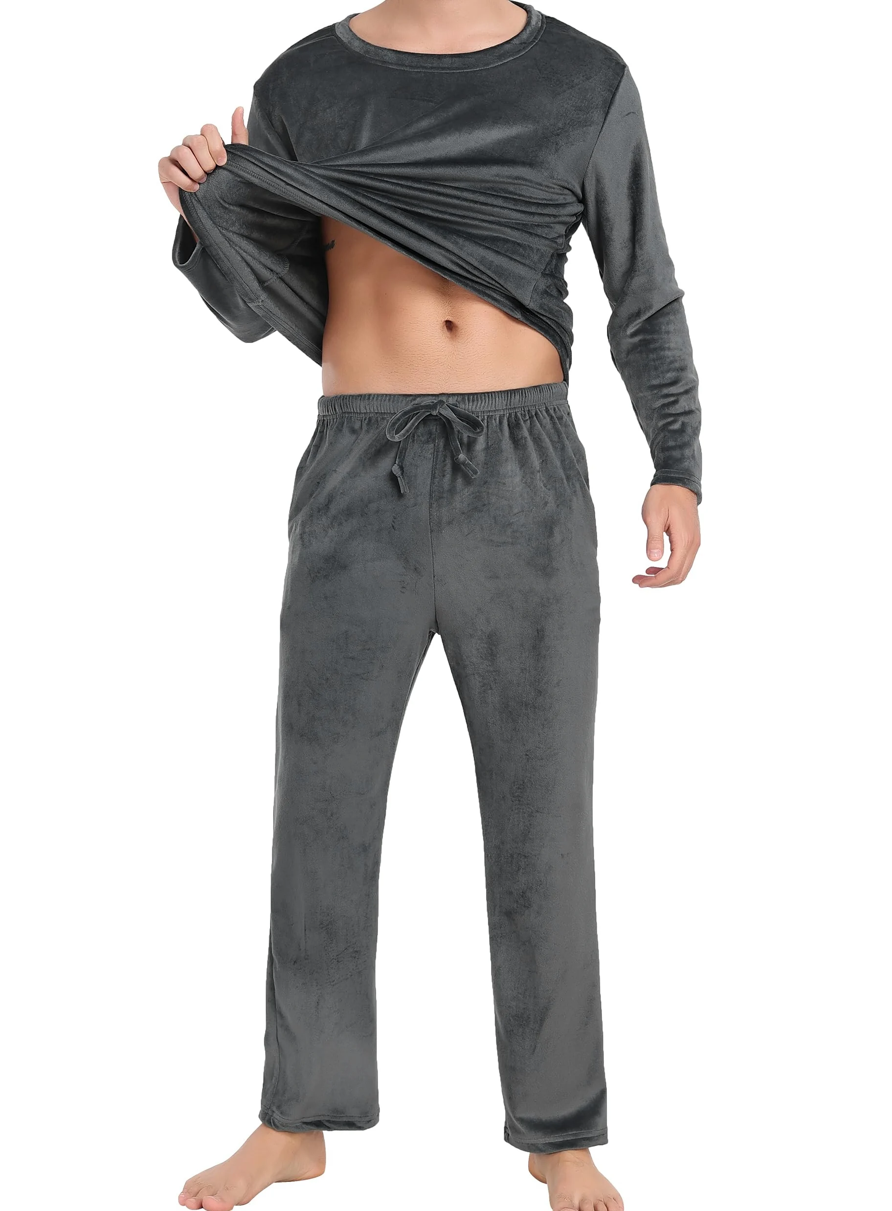Lovasy Pijama Hombre Invierno Terciopelo Polar Conjunto Mangas Largas Cálida Pijamas con Bolsillos