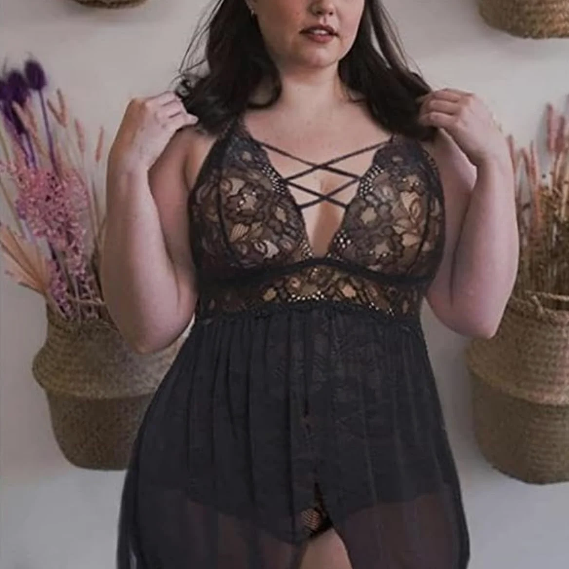 XHYRHTS Babydoll de lencería Sexy de Talla Grande para Mujer, camisón de Encaje, Ropa Interior de negligé, Ropa de Dormir de una Pieza, camisón para Mujer