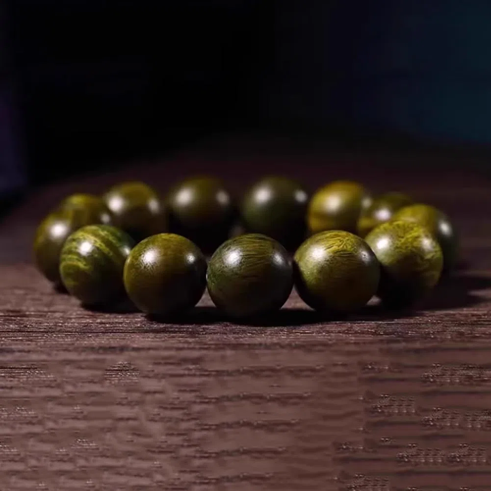 Pulsera de Cuentas de sándalo Verde Pulsera elástica de Cuentas de Madera Redondas pulidas a Mano para Hombres y Mujeres,18MM