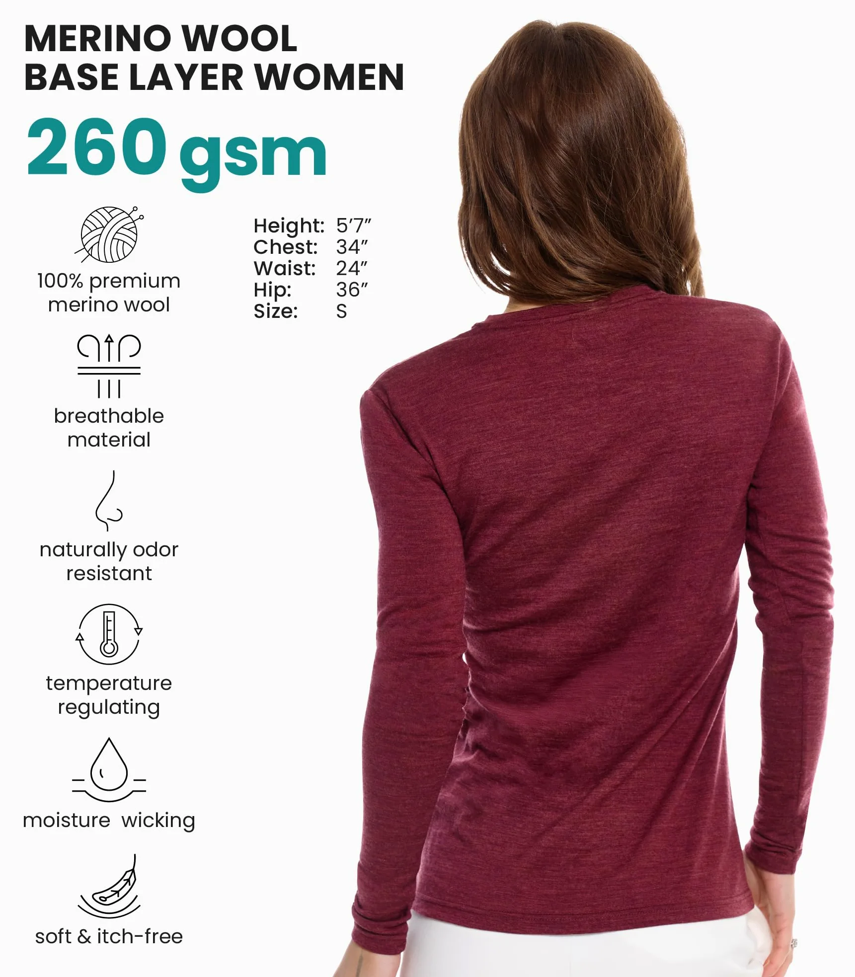 Merino.tech Сamisetas Mujer Manga Larga - 100% Lana Merino Ropa Termica (Small, 190 Burgundy Scoop)