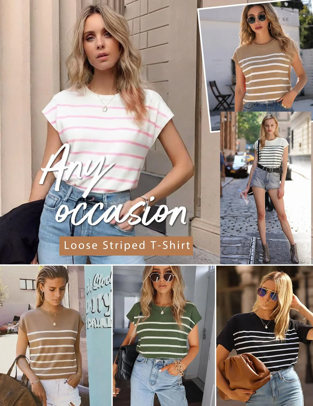 Niwicee Camisetas Manga Corta Mujer Camiseta Mujer Verano Top Mujer Tshirt de Rayas Tops con Cuello Redondo Básica Slim Fit para Mujer Top Elegantes Blusas Informales