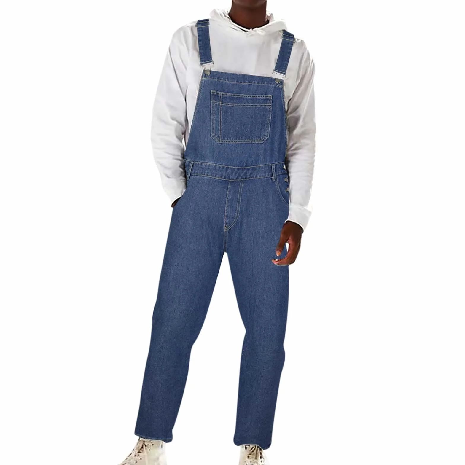 Peto Vaquero Hombre Mono Otoño Casual Pantalones de Mezclilla Retro Denim Jeans Trabajo Bolsillo Clásico Suelto Jumpsuit Overall Largos Inviernos