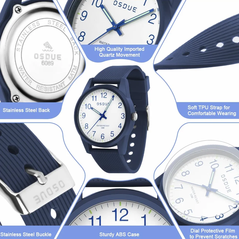 OSDUE Reloj para NiñOs, 5ATM/50M Impermeable Fácil de Leer Relojes de Pulsera con Correa Suave, Reloj de Pulsera Analógico para Niños Niñas Regalo de CumpleañOs para 4-18 Años