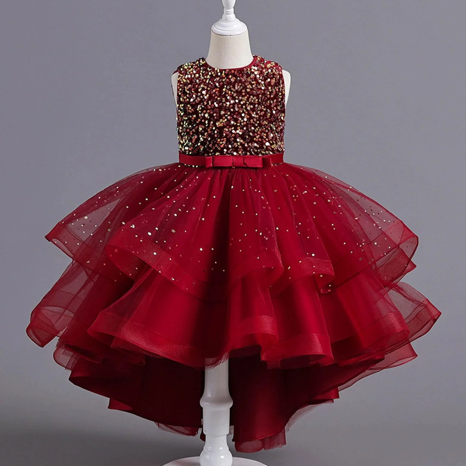 Vestido de Desfile Infantil con Encaje Floral para niñas diseño Elegante para Bautizo Boda y sin Mangas Falda de Tul y Falda Floral
