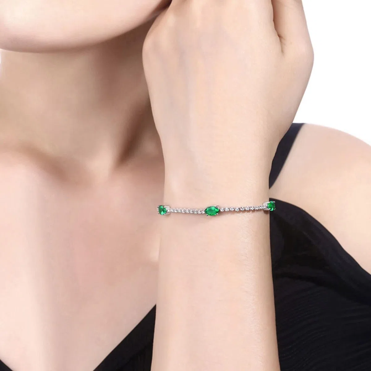 Pulsera Mujer de Oro Blanco 9Kilates / 14Kilates / 18Kilates, Oval con Esmeralda y Diamante, Cadena 16 CM, Pulsera para Mujer de Plata Verde