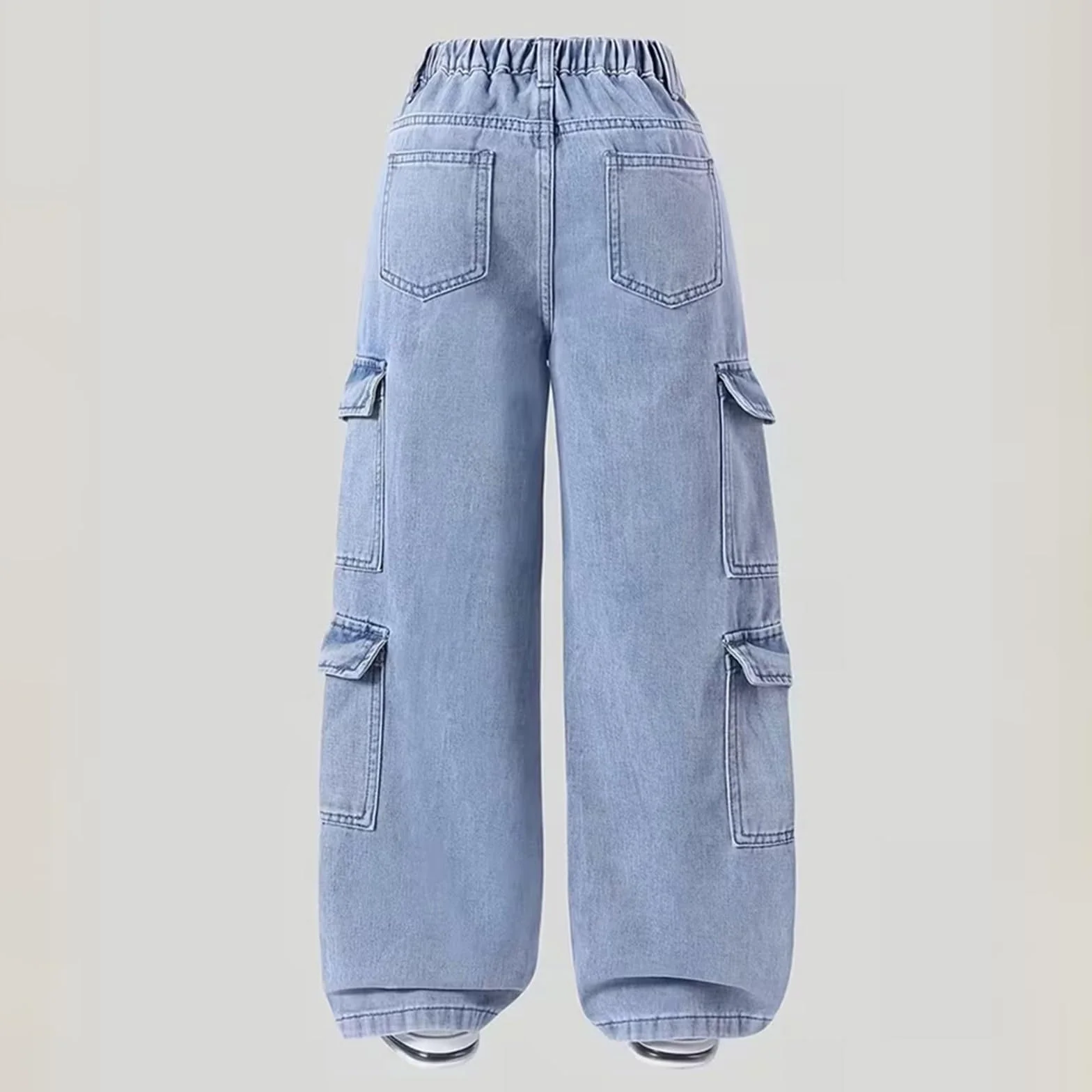 Jeans cargo para niñas, holgados, de pierna ancha, vintage, pantalones de mezclilla casuales para adolescentes, ropa de calle, pantalones elásticos de cintura alta y ajuste relajado