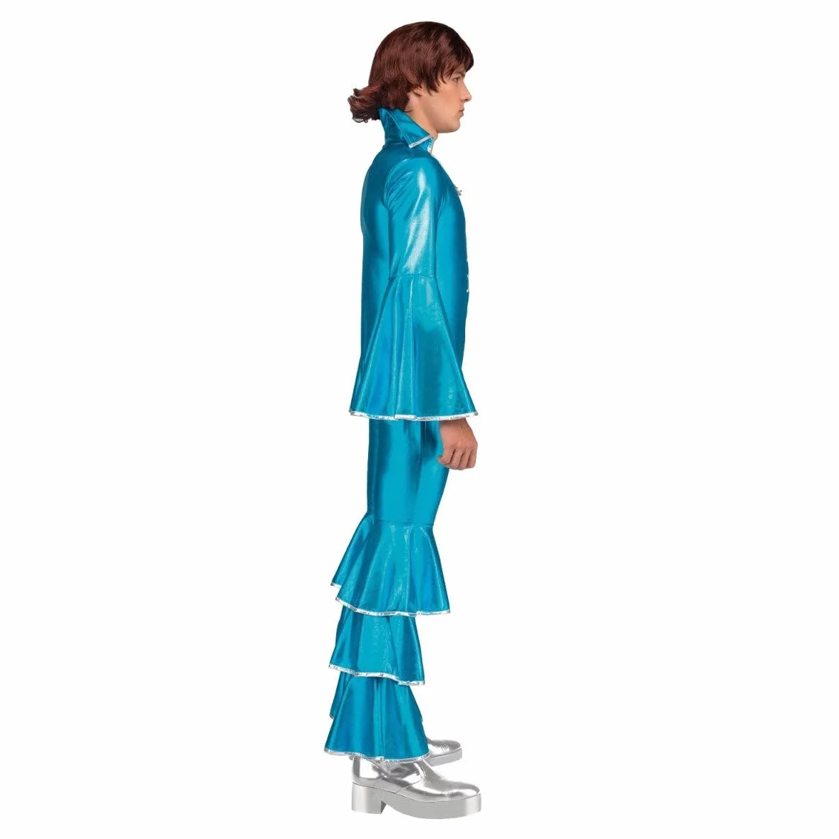My Other Me Disfraz Disco Hombre Mono Azul Brillante Mangas Pantalones Acampanados Volantes Plateado