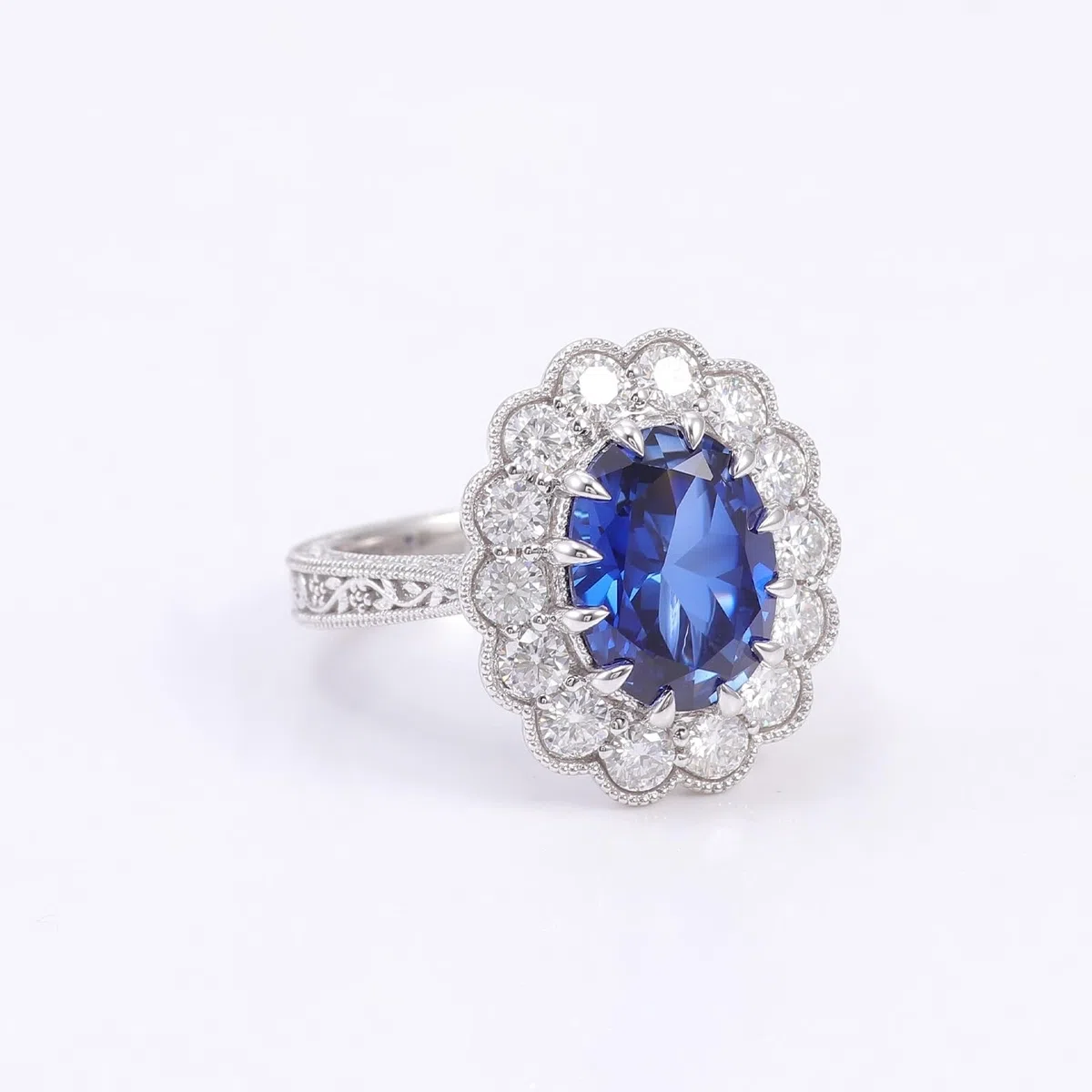 Regalo Amie Anillo de Fiancaille Oro Blanco 9 quilates zafiro creado en laboratorio flor talla lesbiana para madre Acción de Gracias Joyas