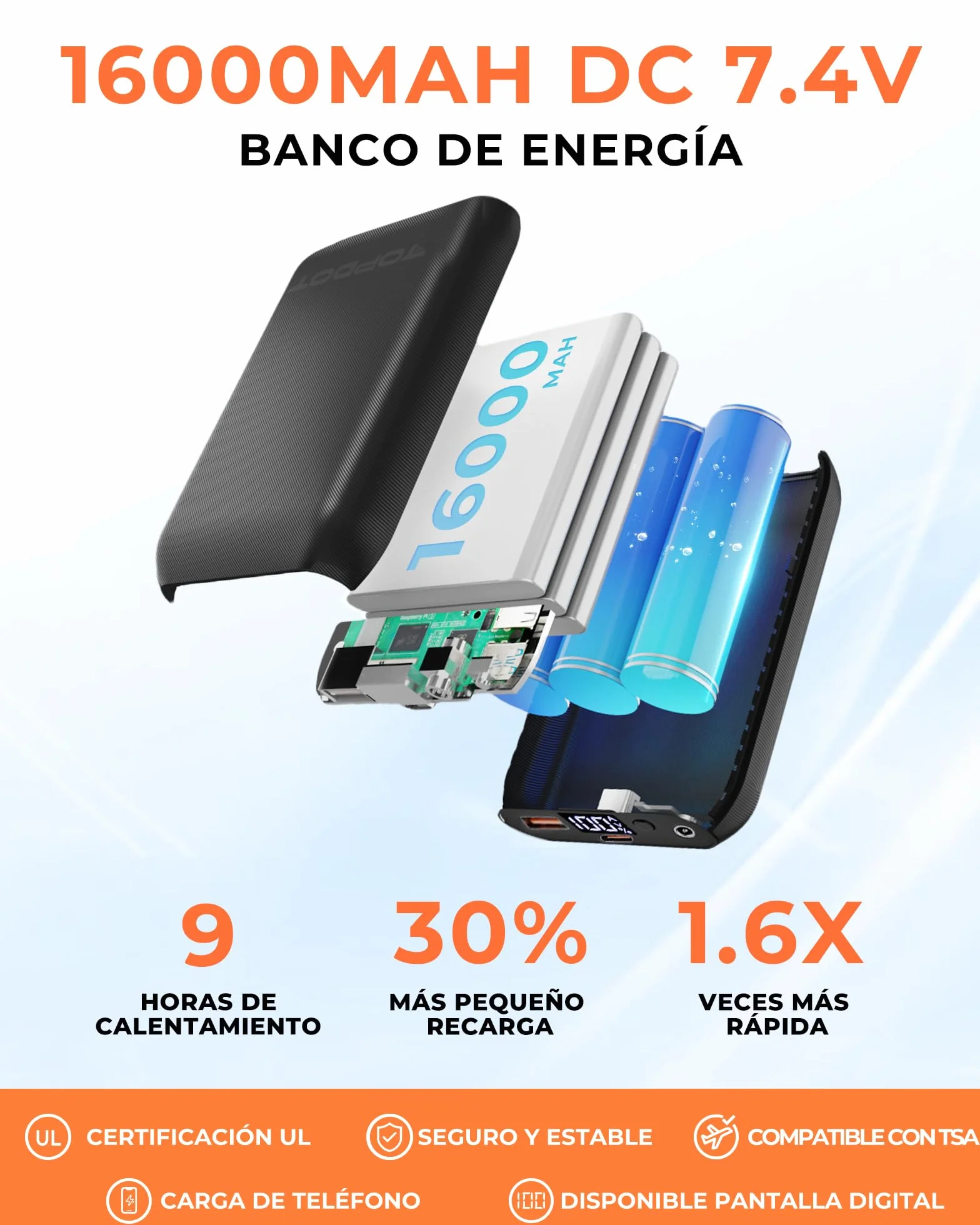 Topdot Chaleco Calefactable Mujer con Batería 7.4V 16000mAh, 10 Zonas Calentamiento 3 Temperaturas