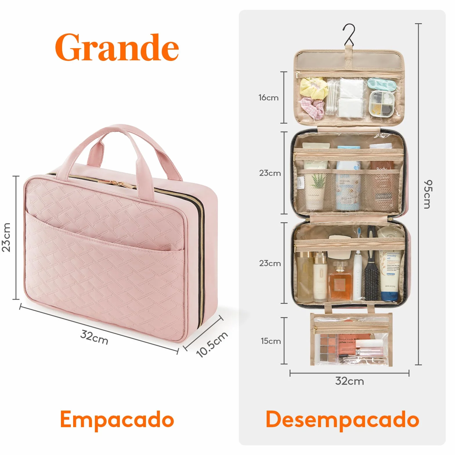 Lifewit Neceser Mujer Viaje, Bolsa de Maquillaje Organizador para Colgar, Grande Bolsas de Aseo con 4 Compartimentos Transparentes, Makeup Bag con Gancho, Grande, Rosa