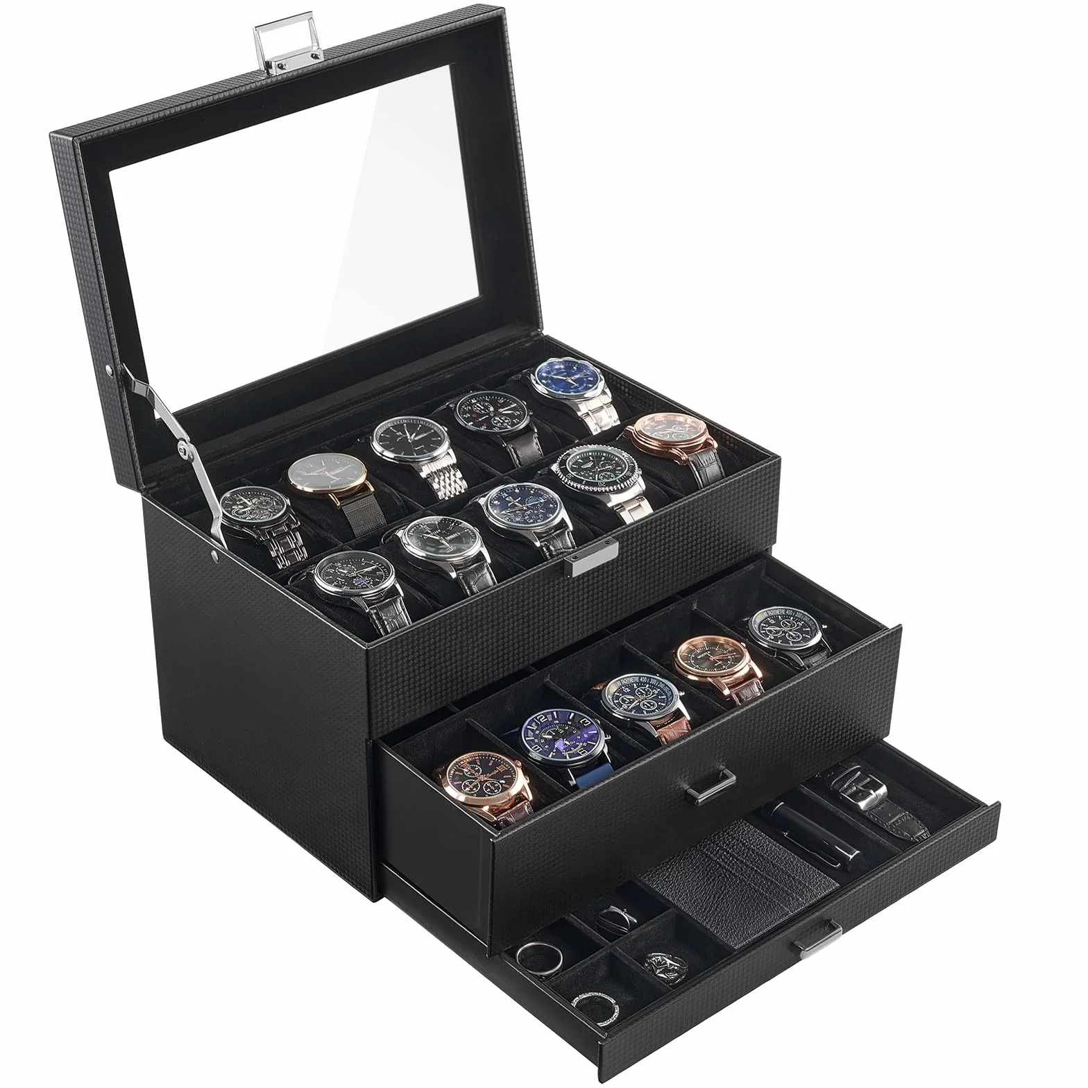 ProCase Organizadora para Relojes para Hombre, 20 Ranuras Caja Organizadora de Joyería de 3 Capas con Cajón Estuche de Almacenaje con Tapa de Cristal Vitrina Expositor -Negro Puro