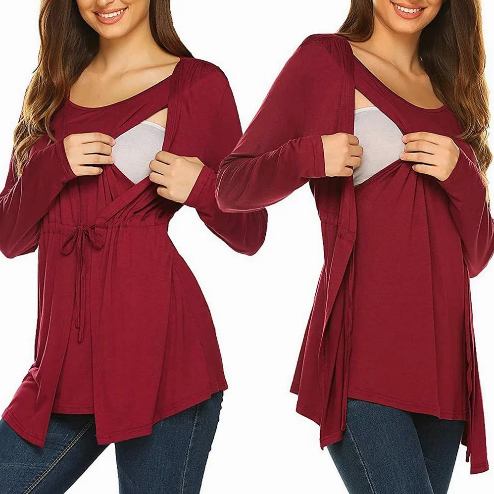 Blusa Maternal Doble Capa Camiseta Larga para amamantar Mujer Manga enfermería Tops Lactancia cómoda