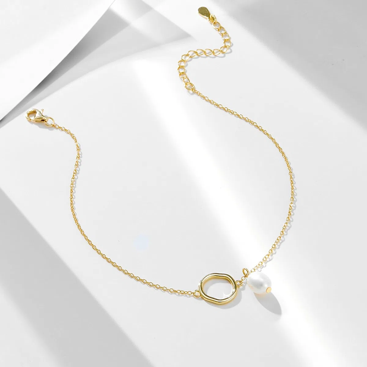 Pulsera tobillera con círculo irregular con perla para mujer, oro de 18 quilates con perla, pulsera tobillera para mujer, oro amarillo de 9 quilates, 14 y 18 quilates