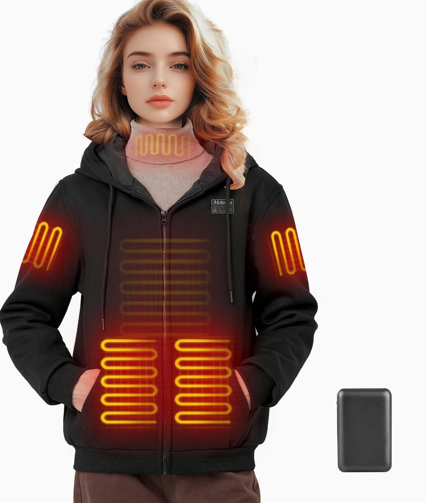 Sudadera con Capucha Calefactable para Mujer con Batería de 16000 mAh 5 Zonas Calefactables 3 Niveles de Temperatura Eléctrico Sudadera Caliente Cremallera para Invierno Al Aire Libre, S