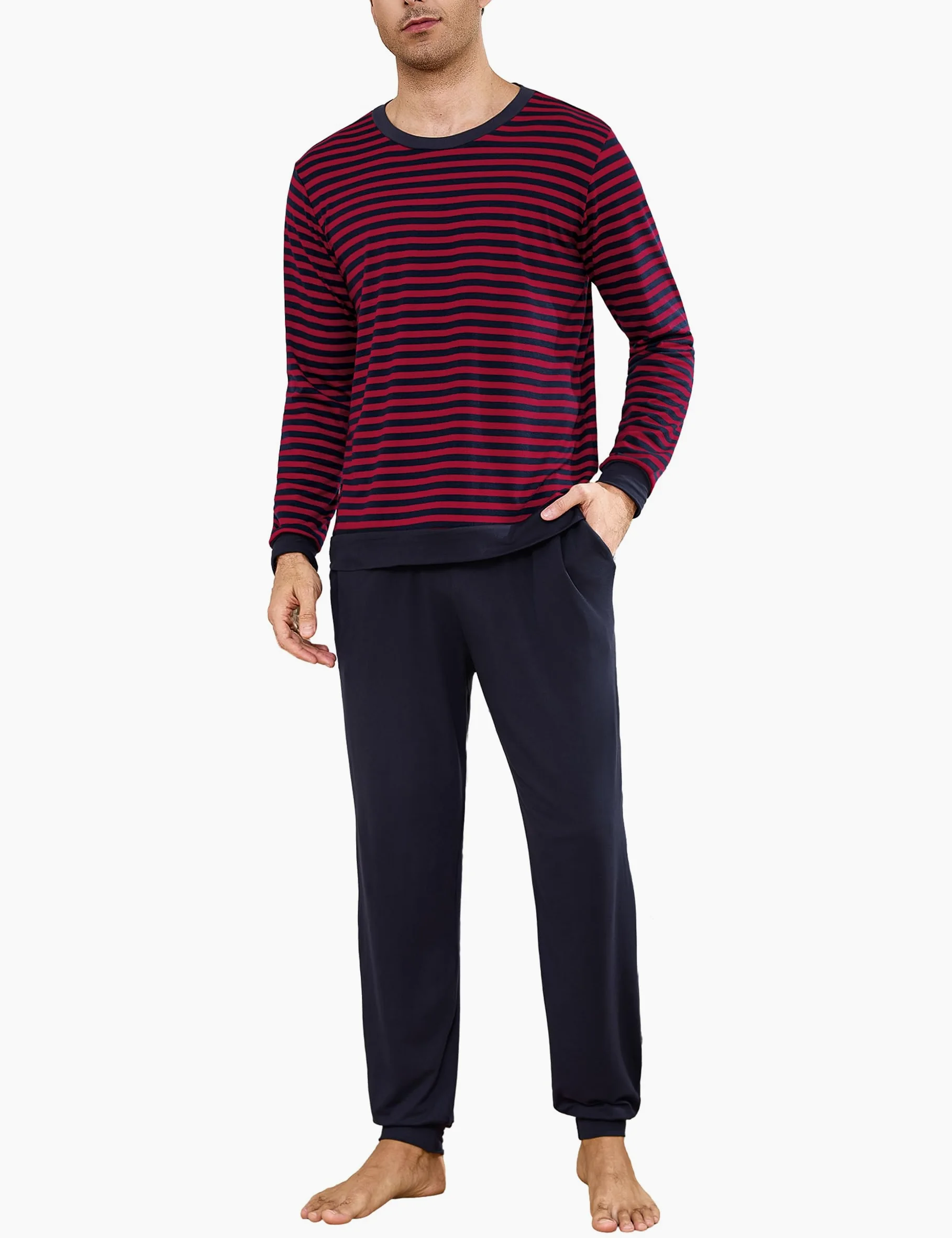 Bresdk Pijama Hombre Invierno Algodon Manga Larga Conjunto de Pijama a Rayas Dos Piezas Pijamas Largos Cuello Redondo S-3XL