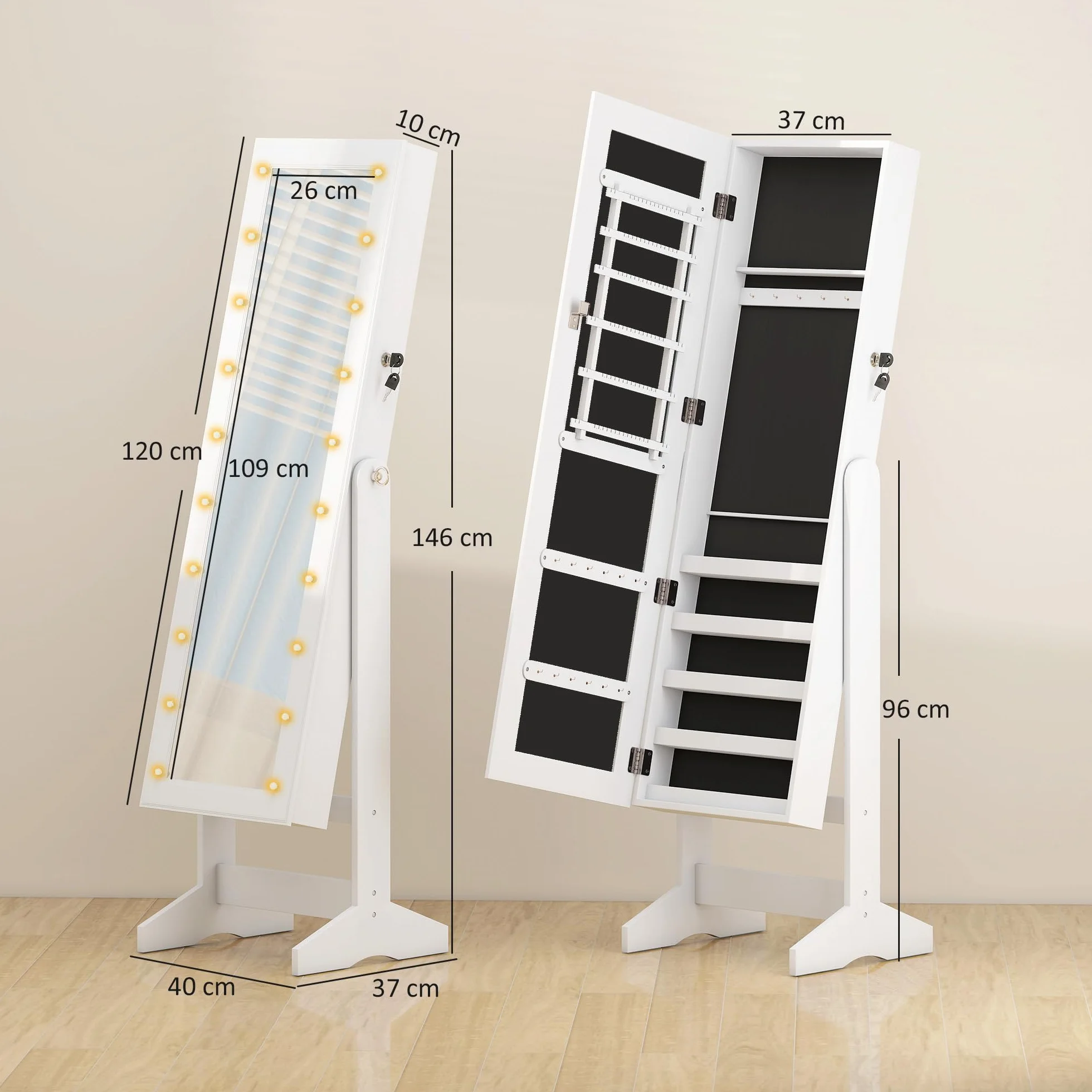 HOMCOM Espejo Joyero con 20 Luces LED Armario Joyero Reclinable con Guardajoyas Anillos Pendientes Collares Cerradura y Llaves 40x37x146 cm Blanco