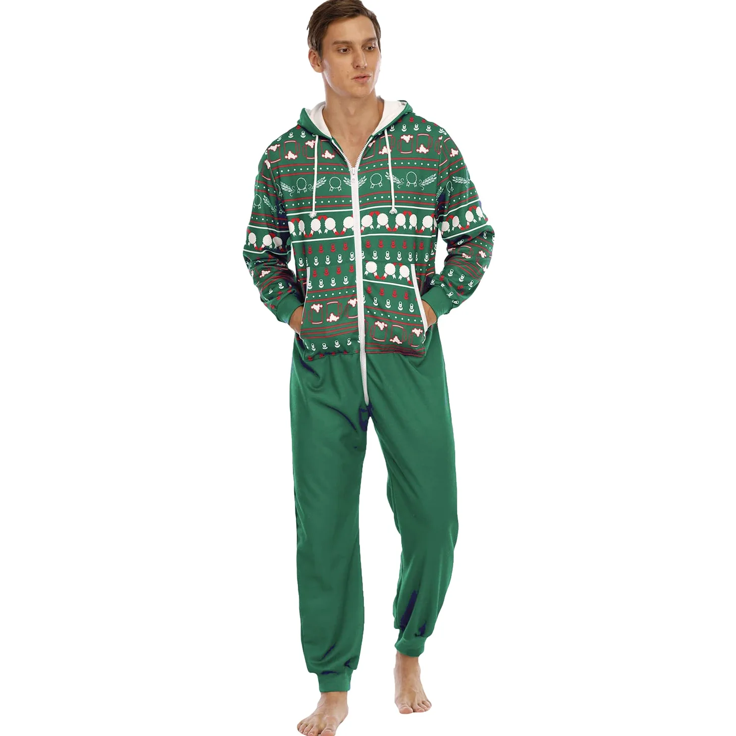 Navidad Pijama Hombre Una Pieza Pijamas Mono Entero con Capucha Otoño Invierno Manga Larga Deportivo Adulto Onesie Ropa de Casa Dormir
