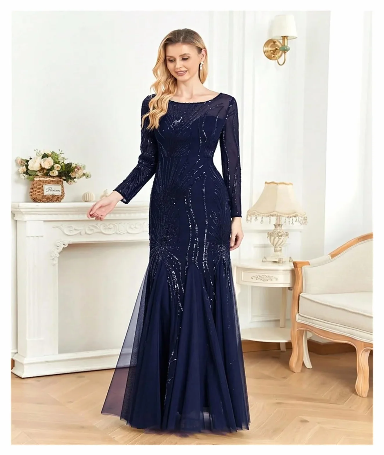 Vestido de Graduación para Mujeres Elegantes Vestidos de Noche de Tul con Lentejuelas y Mangas largas, Estilo Sirena, Formales, for Dama de Honor y Fiesta Maxi(Champagne,M)