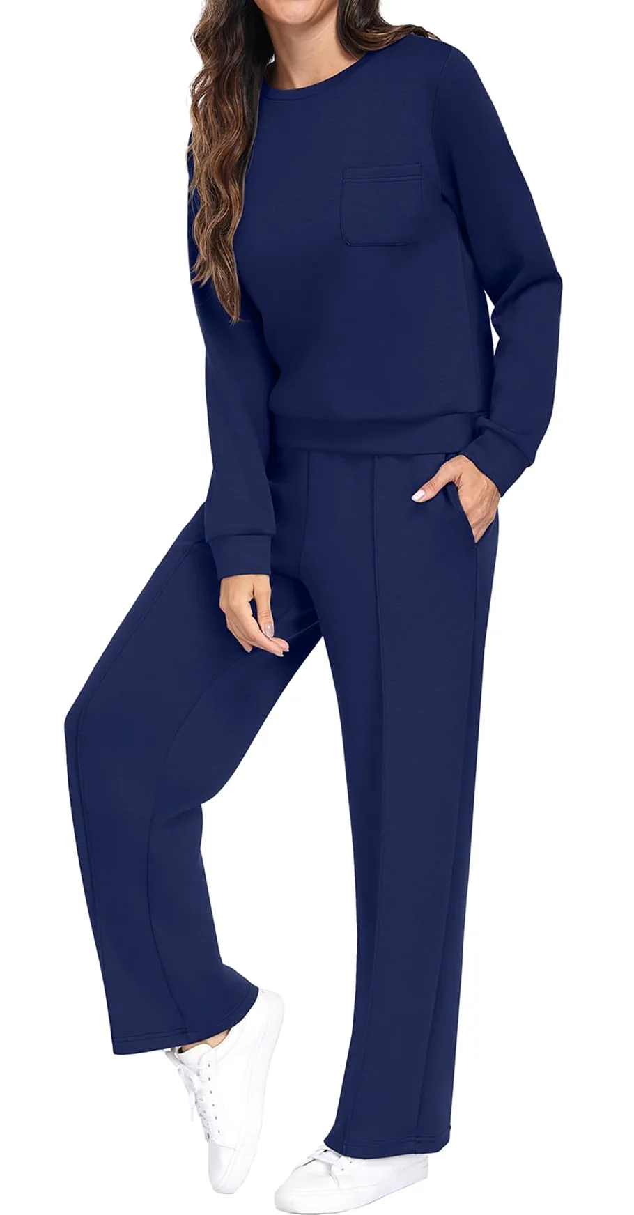 GRECERELLE Conjunto completo de chándal para mujer, de manga larga, para otoño, ropa de descanso, ropa deportiva, casual, cuello redondo, tops y pantalones de correr con bolsillos