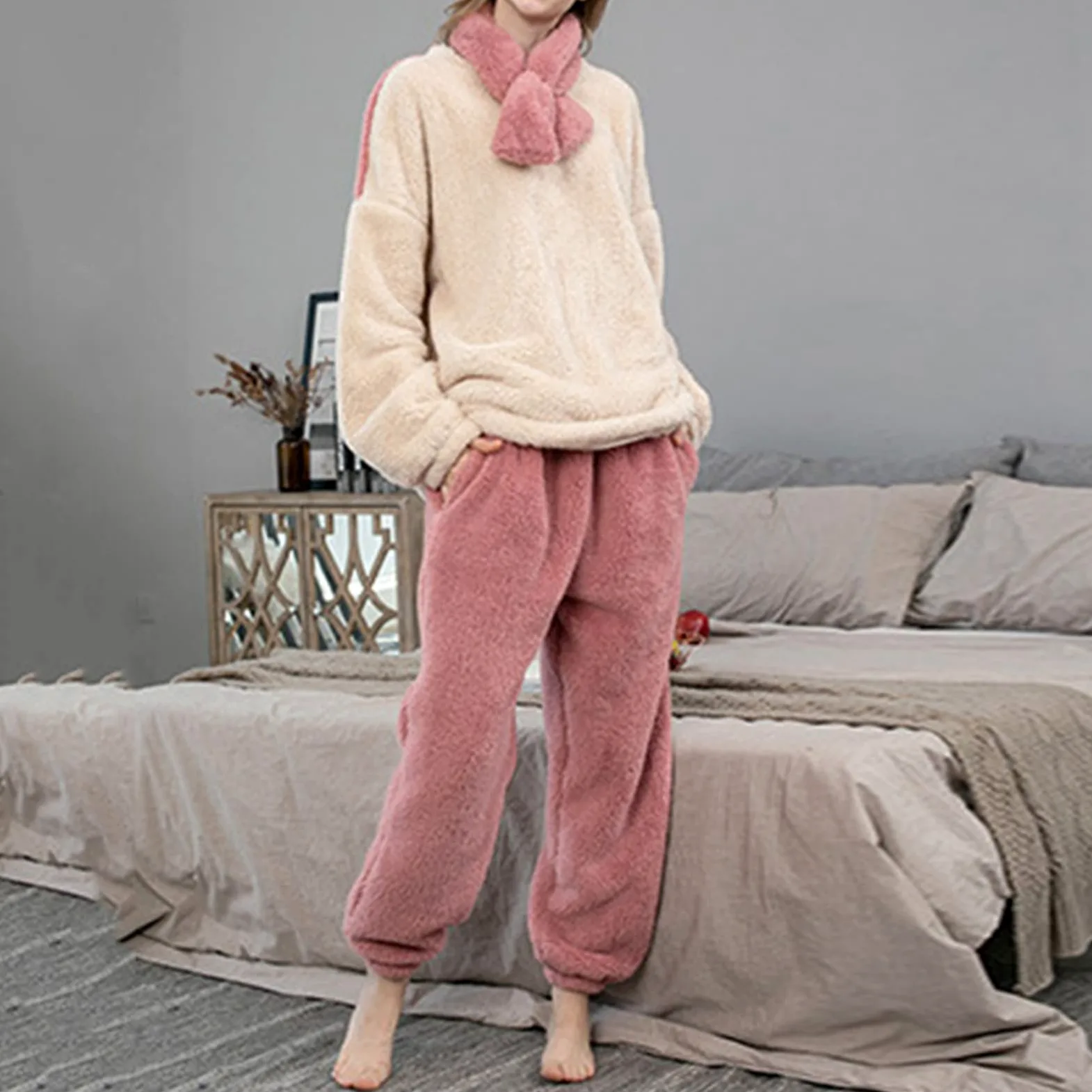 CMBSSTFC Pijamas de invierno para mujer, de forro polar, cálido y acogedor, pijamas térmicos de dos piezas, pantalones largos y camisetas de pijama, traje de jogging, conjunto de pijama de gran tamaño