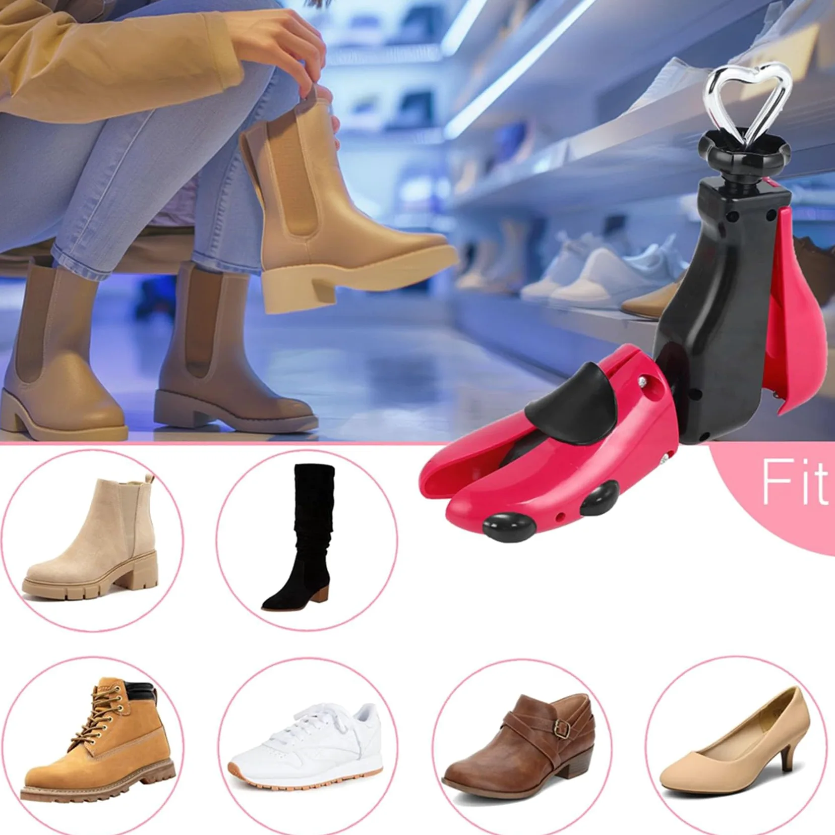2X Ensanchador de Zapatos para Botas para Hombres, Expansor de Hormas para Mujeres, y Elástico, Botas Unisex Ajustables con Pies Anchos Rosa