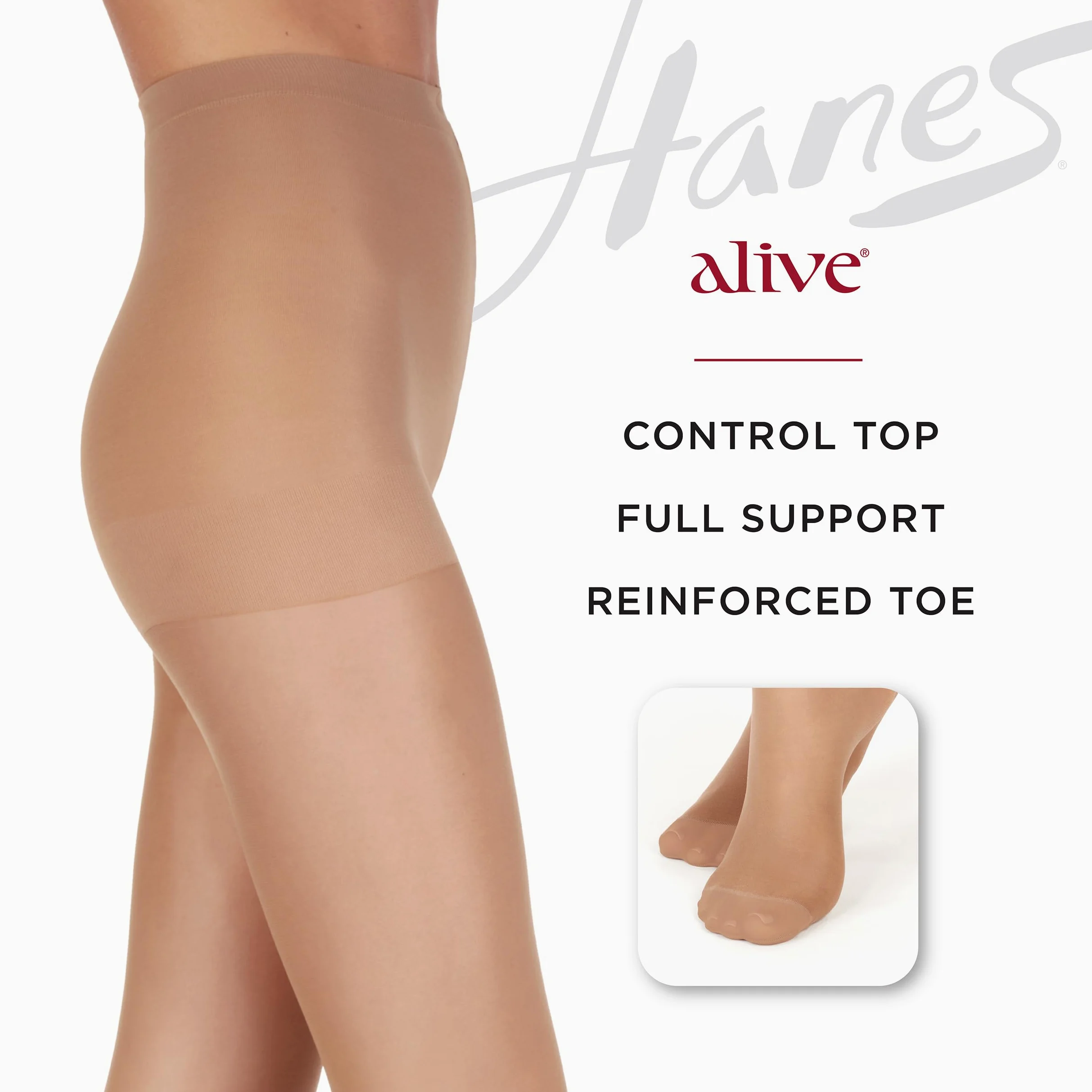 Hanes Alive Control Top Reinforced Toe Sheer Pantyhose Pantimedias Mujer (Pack de 1)