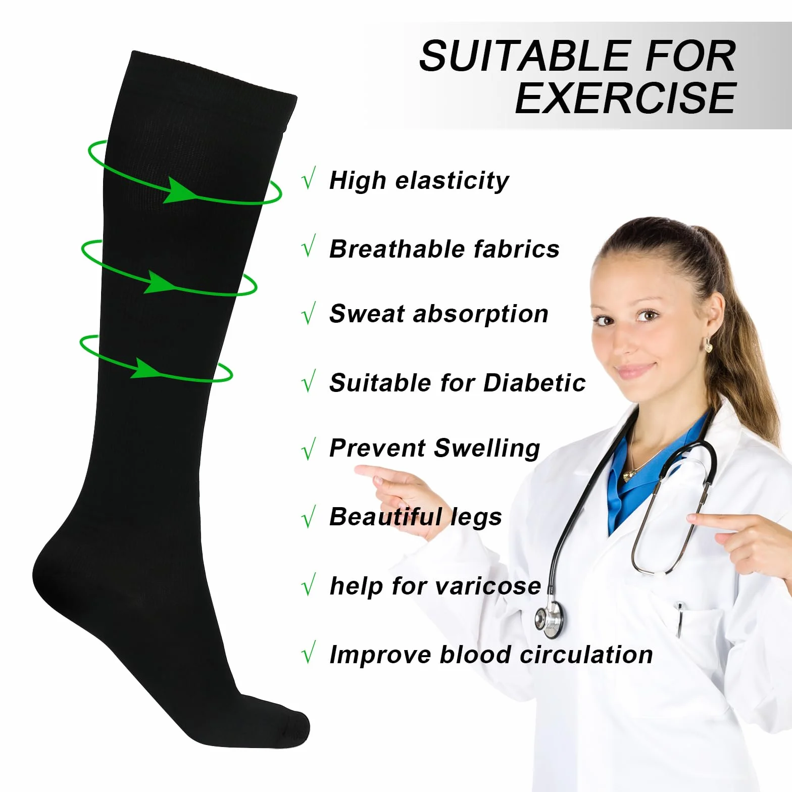 Medias de Compresión Deportivas Talla EU 40-45, Calcetines de Compresión Negros 15-25 mmHg para Vuelos, Correr y Viajes