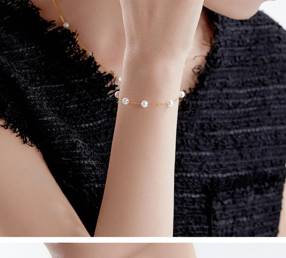 Pulsera de cadena para mujer, cadena de oro amarillo con pulsera de perlas de 4 a 5 mm