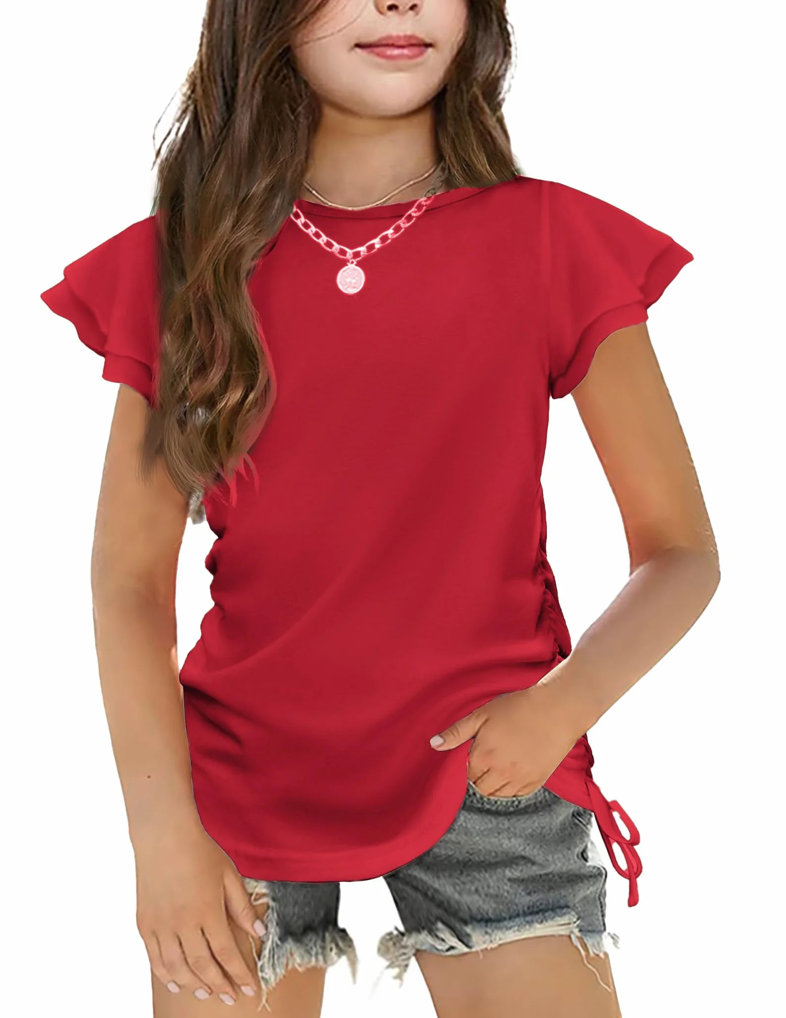 Arshiner Camiseta para Niña con Mangas con Volantes Camiseta para Niños Camiseta con Cuello Redondo Camiseta Informal Ropa para Niños con Cordón 5-12 Años