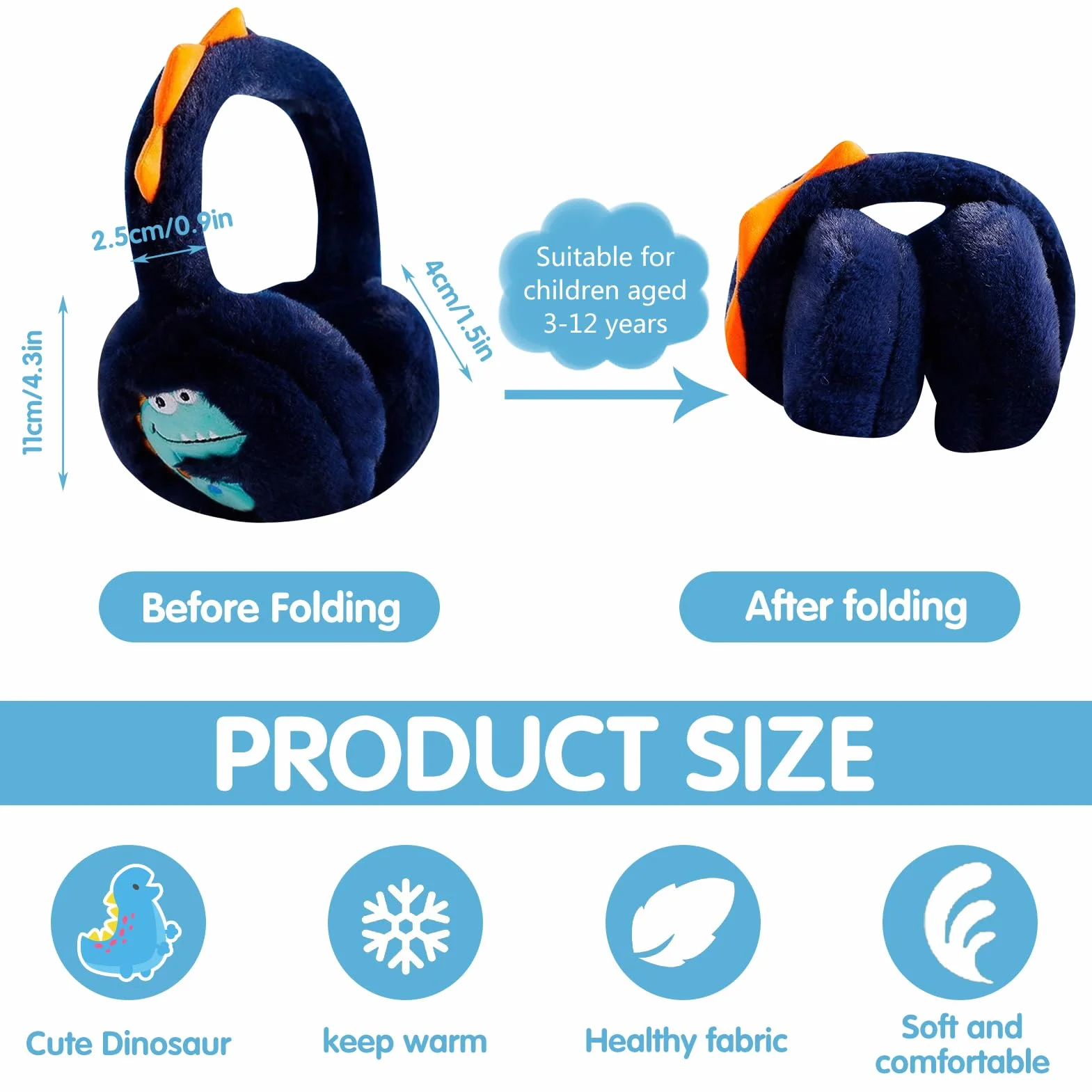Nexoria Orejeras para niños, orejeras plegables para niños, orejeras de felpa de invierno, cálidas orejeras de dinosaurio con banda elástica, orejeras para niñas y niños