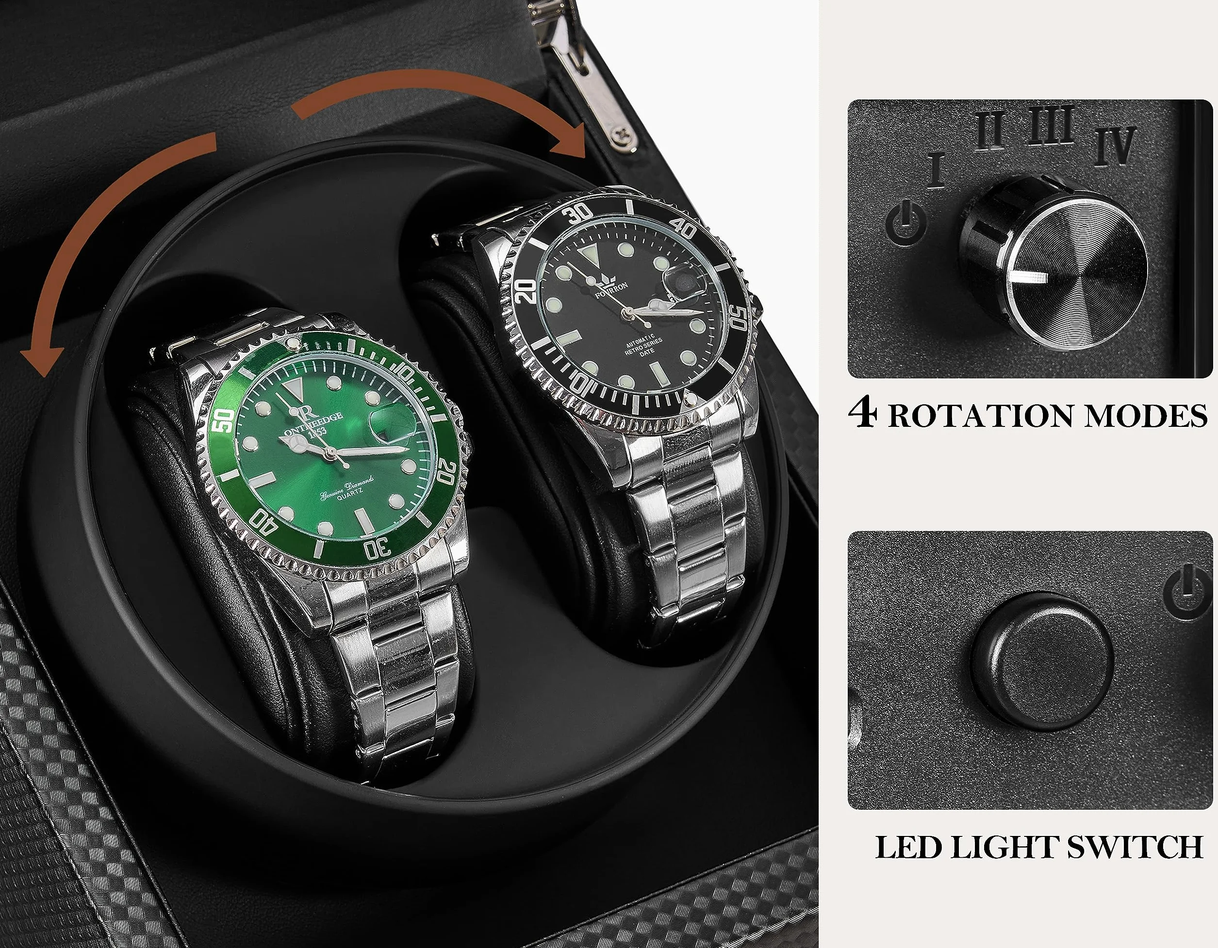 ANWBROAD Enrollador para Relojes Automáticos Caja Giratoria para 2 Relojes Súper Silencioso Retroiluminación LED Watch Winder de Lujo 5 Modos JWW001B