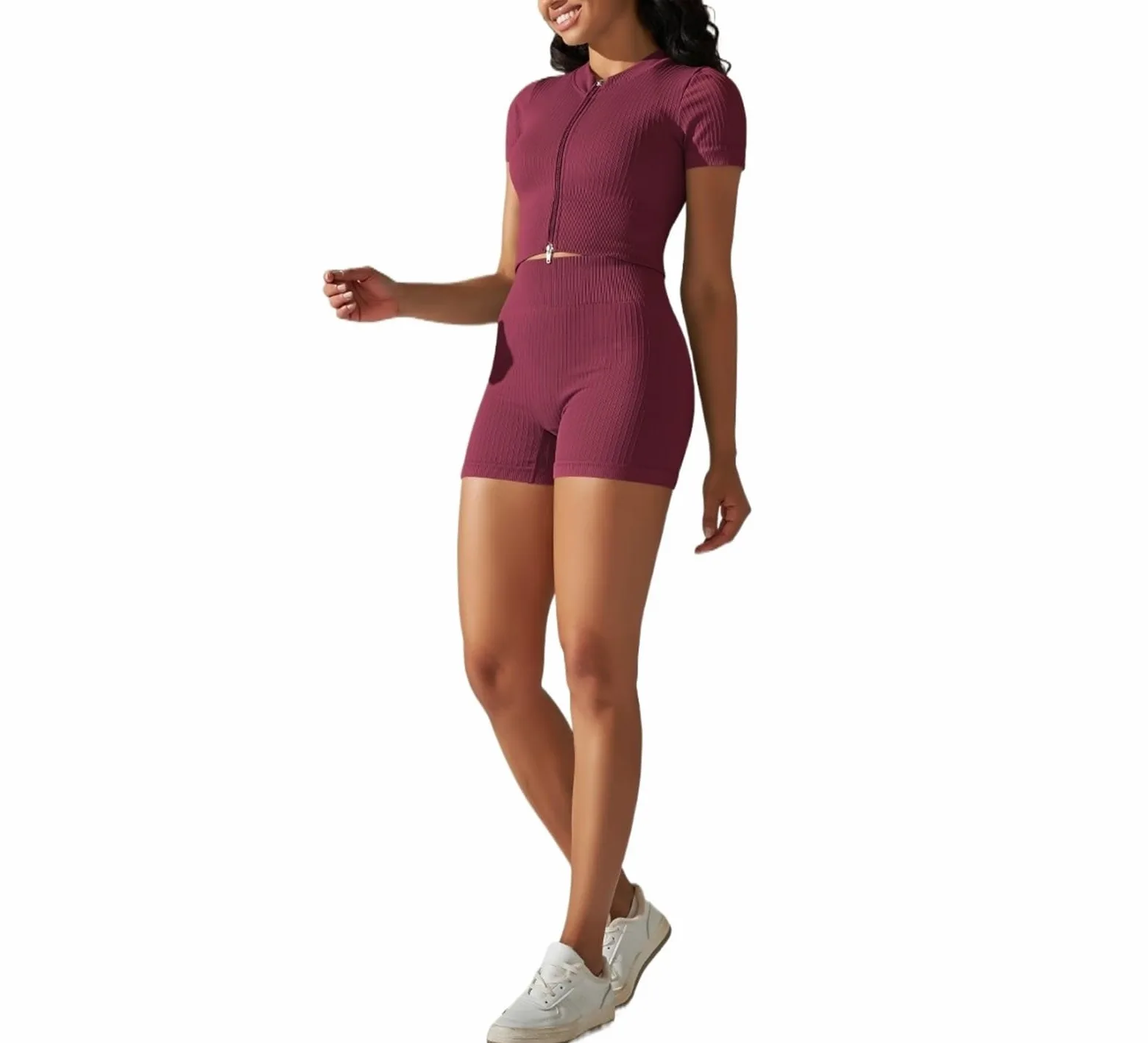 Sporstwear - Conjunto de yoga sin costuras para mujer, manga corta, con cremallera, pantalones cortos, ropa de gimnasio, fitness, chándal sin mangas, blanco, S