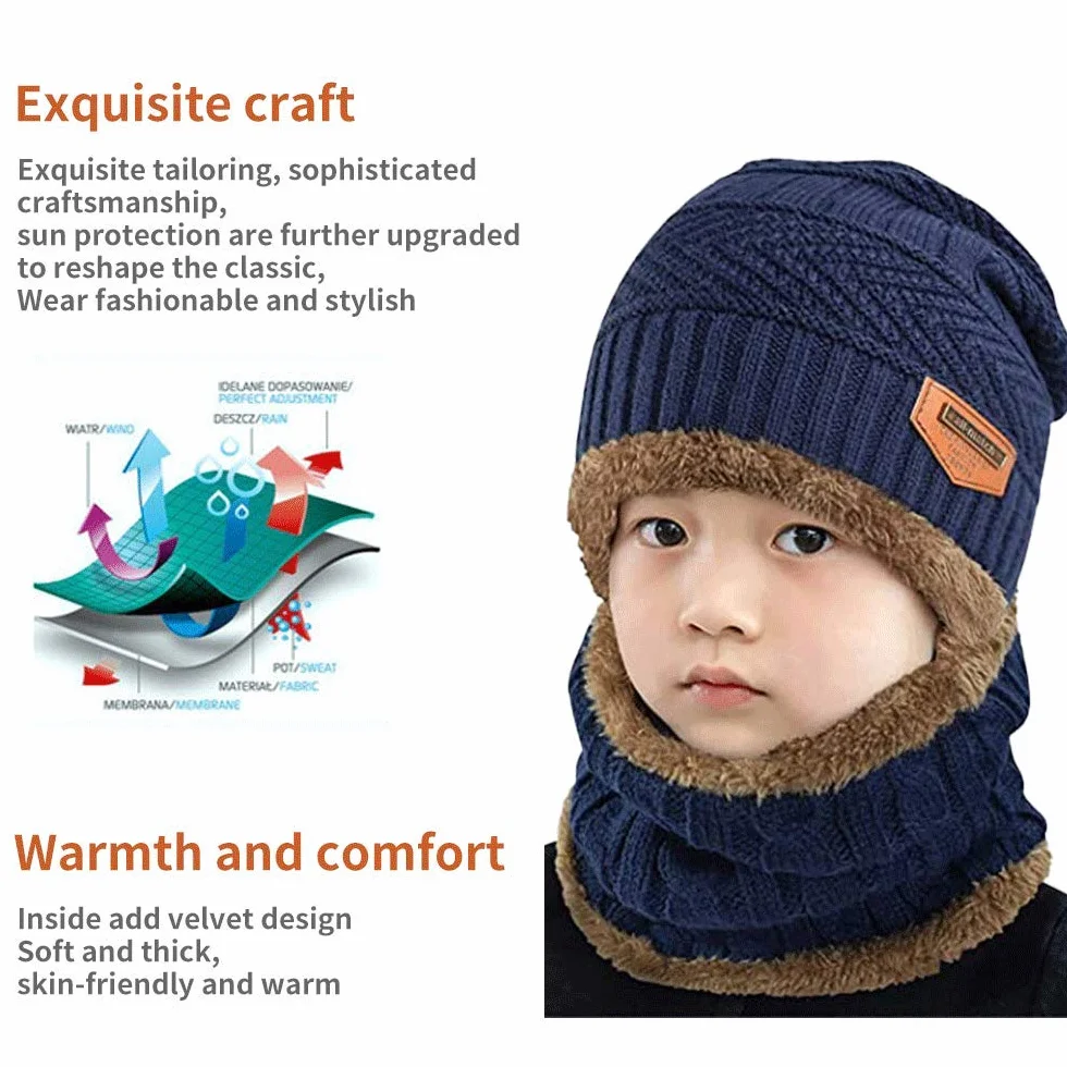 Gorro y Bufanda Niño, Conjunto Gorro y Bufanda de Punto 2 en 1, Gorro y Bufanda de Invierno con Forro Polar para Niños y Niñas