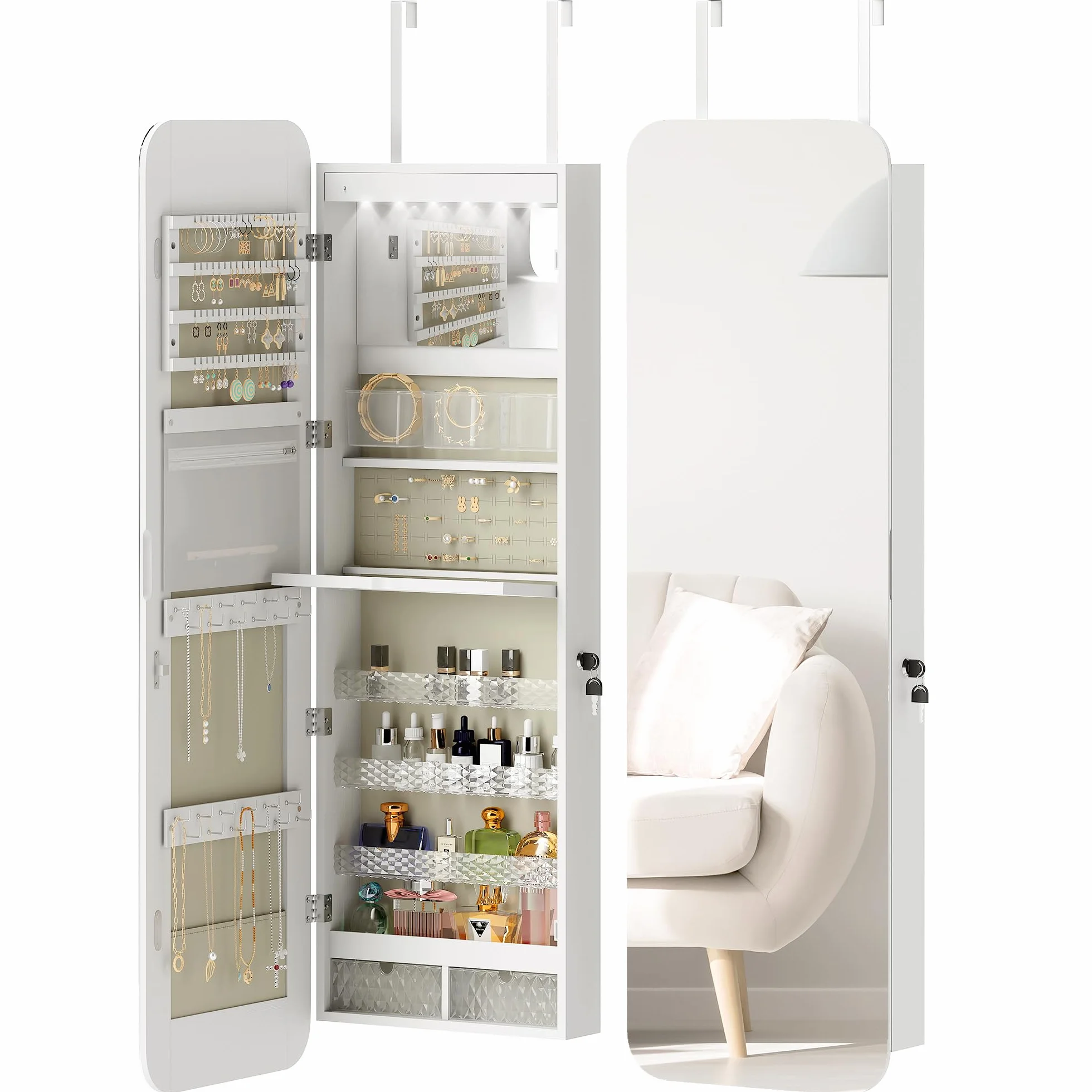 HOMCOM Espejo Joyero con Luz LED, Armario Joyero Montado en la Pared o en la Puerta, Armario para Joyas con Cerradura, Espejo Entero sin Marco, 2 Cajones, para Regalo, 37x10x120 cm, Blanco